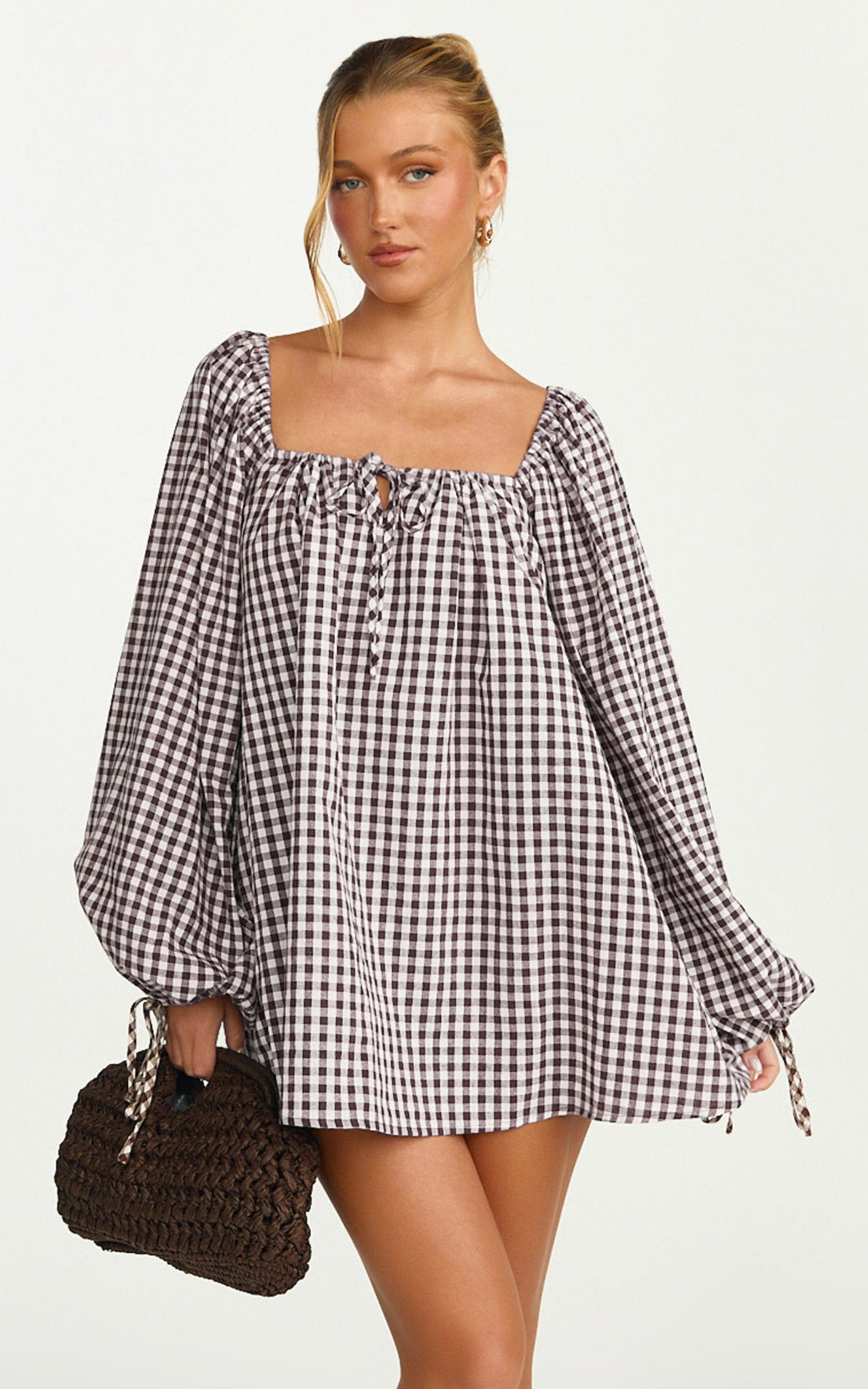 Brixton Mini Dress - Square Neck Smock Dress in Chocolate - View 1
