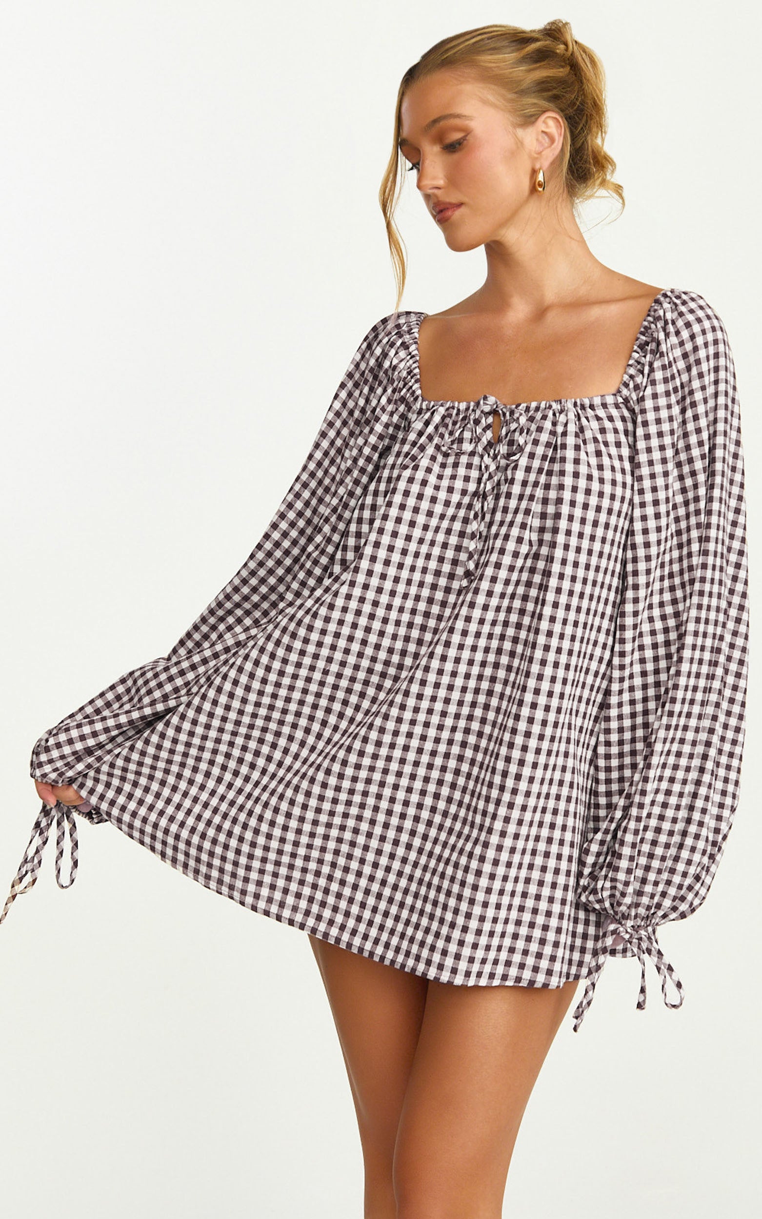 Brixton Mini Dress - Square Neck Smock Dress in Chocolate - View 3