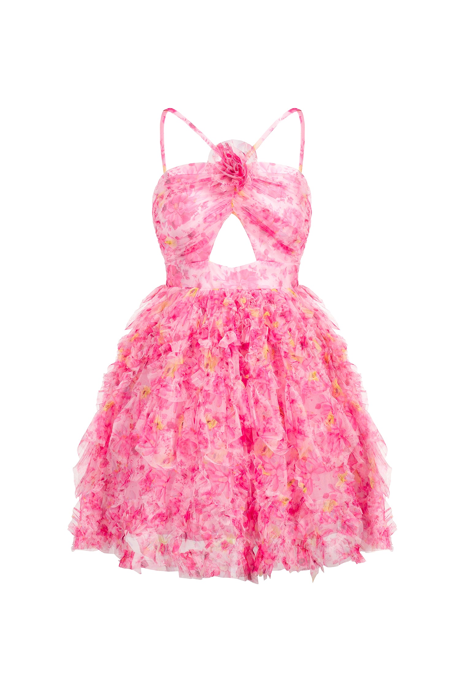 Daware Sleeveless Flower Printed Hollow Out Folds Mini Dress