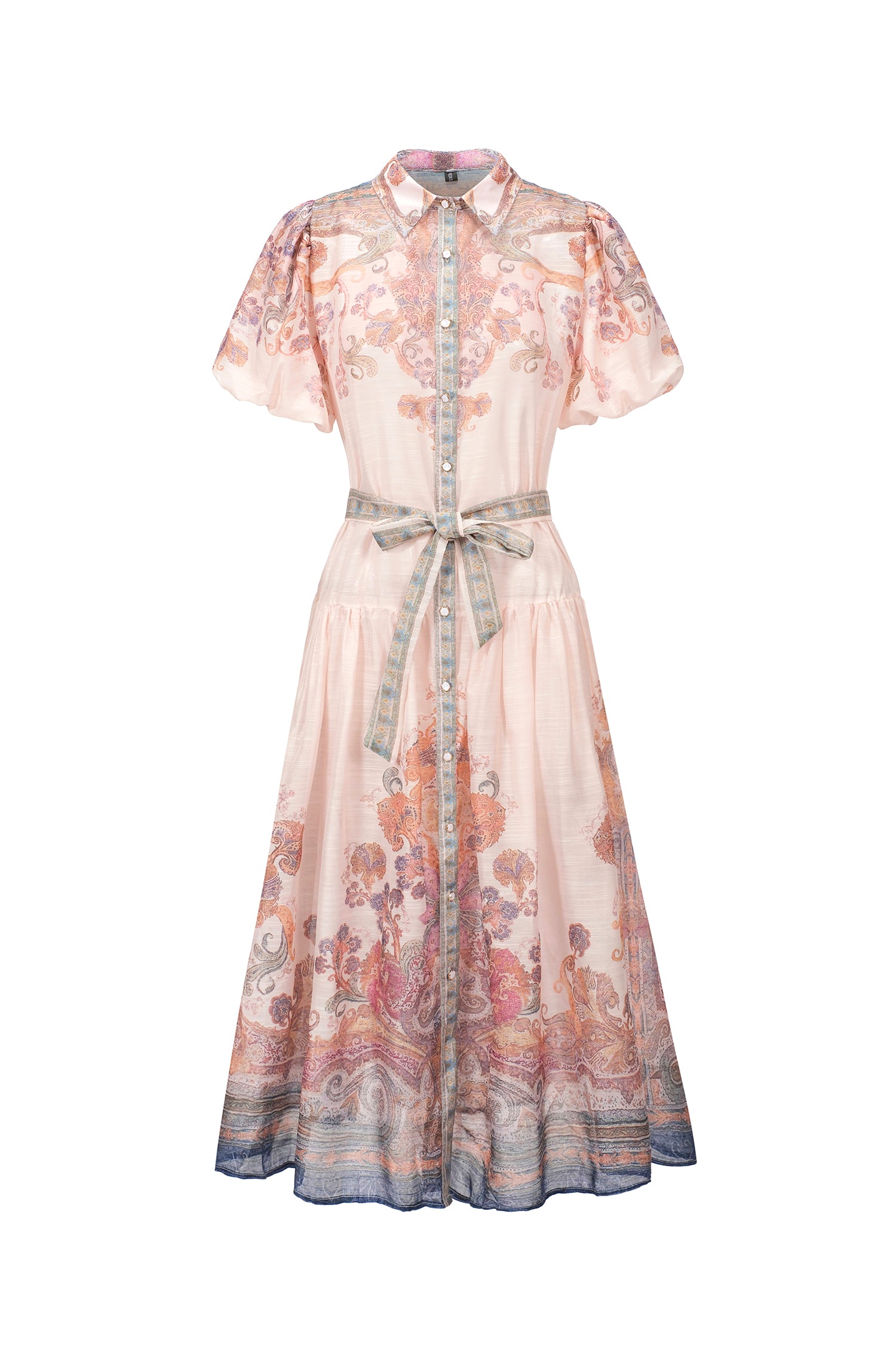 Tusare Lapel Floral Printed Midi Dress