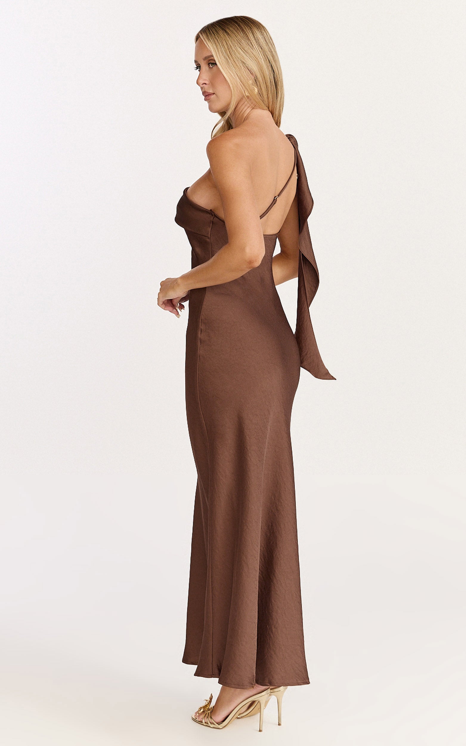 Calix Midi Dress - One Shoulder Slip Dress in Chocolate - View 2