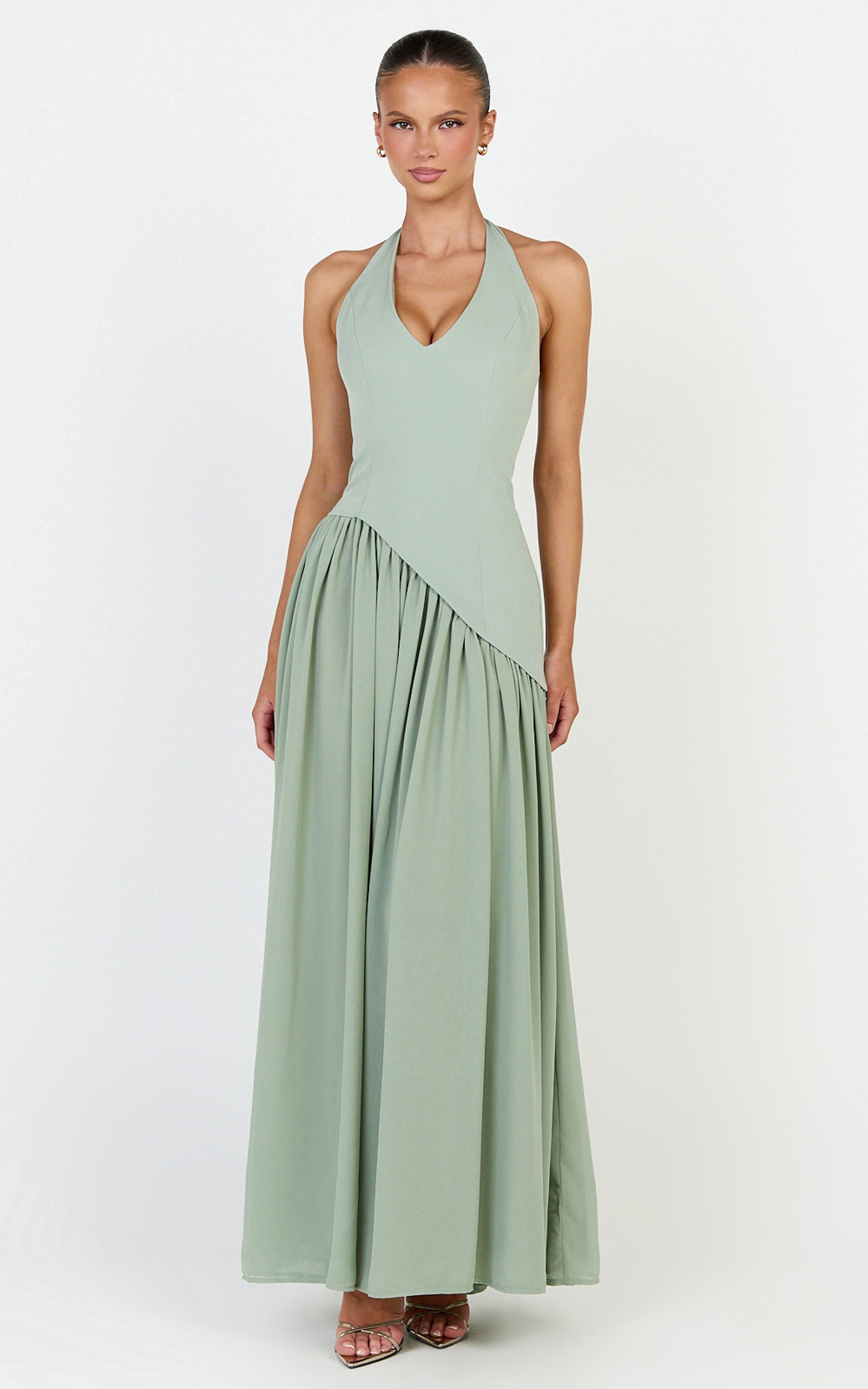 Calla Maxi Dress - Halter Neck Asymmetric Dropped Waist Dress in Sage - View 5