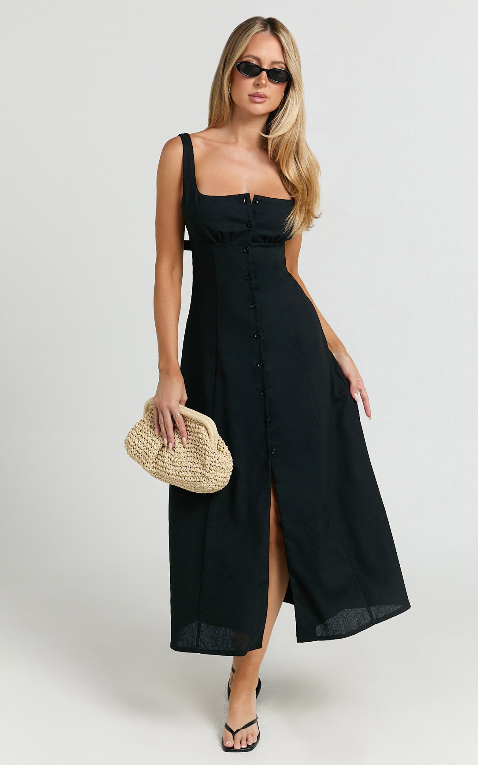 Cameron Midi Dress - Button Front Tie Back Dress in Black - View 5