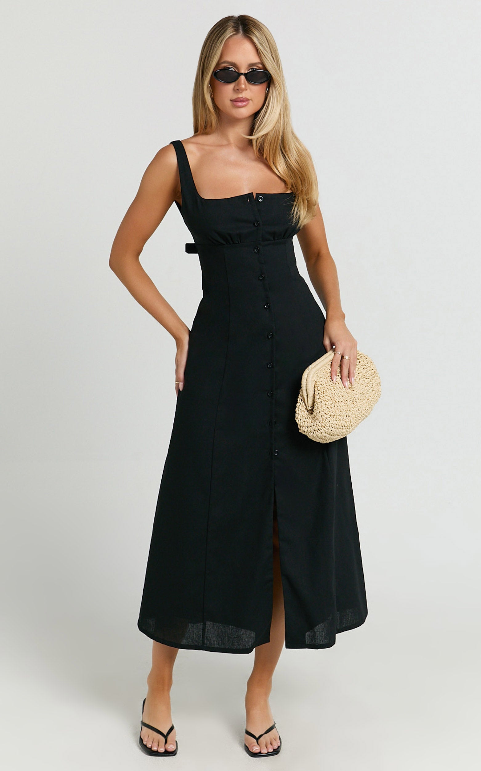 Cameron Midi Dress - Button Front Tie Back Dress in Black - View 8