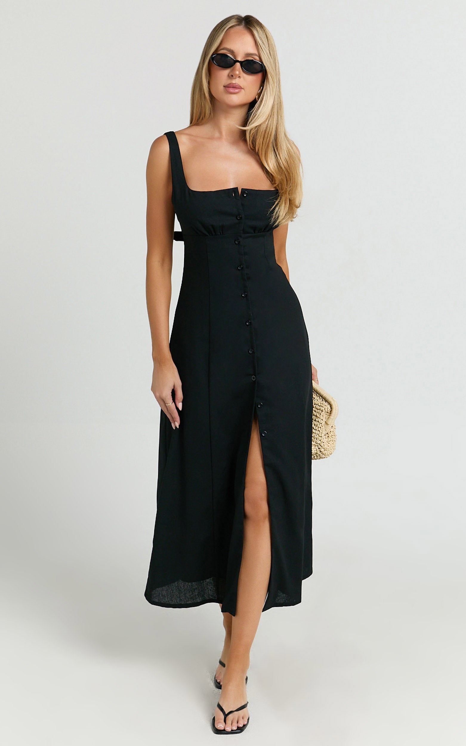 Cameron Midi Dress - Button Front Tie Back Dress in Black - View 7