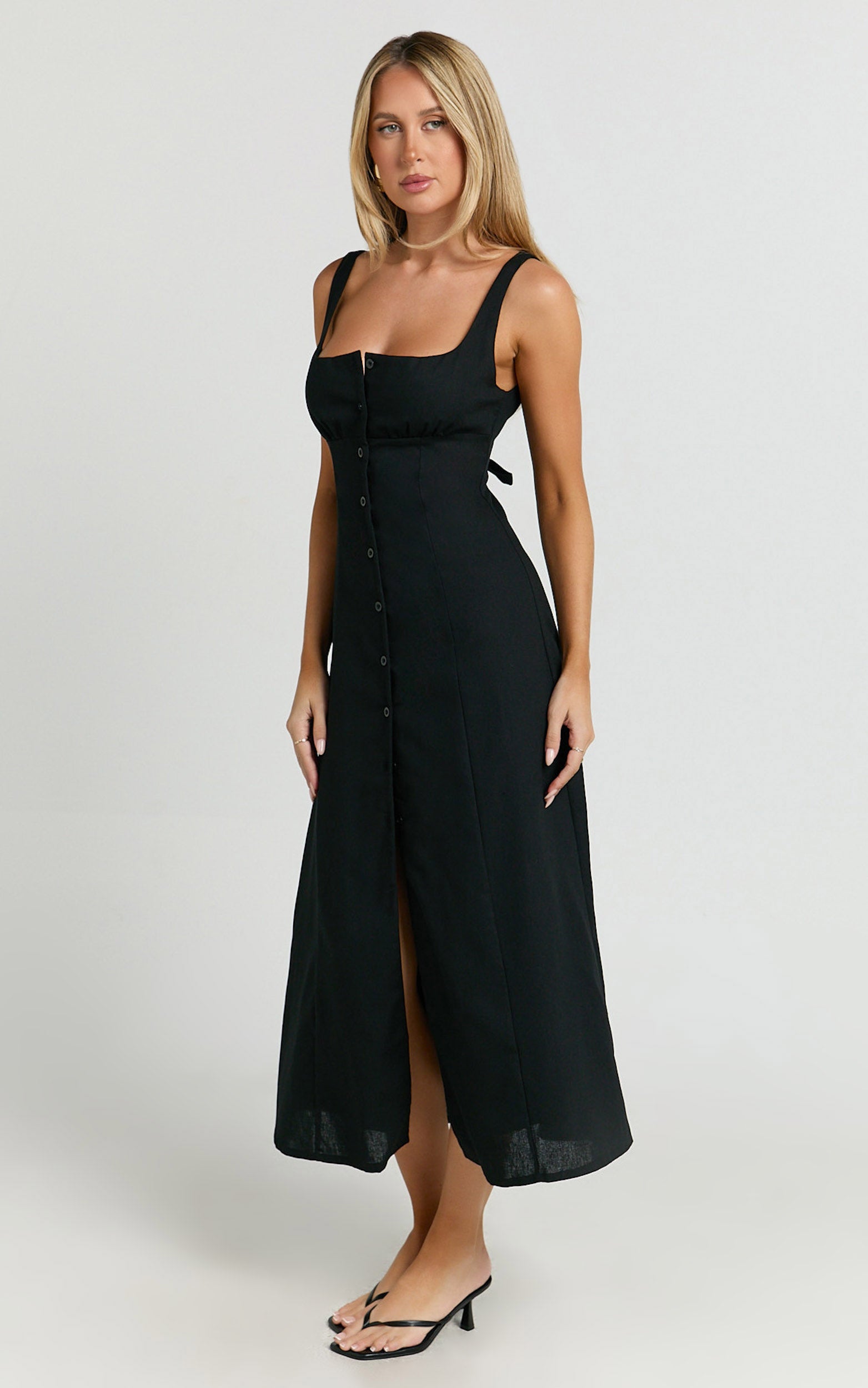 Cameron Midi Dress - Button Front Tie Back Dress in Black - View 3