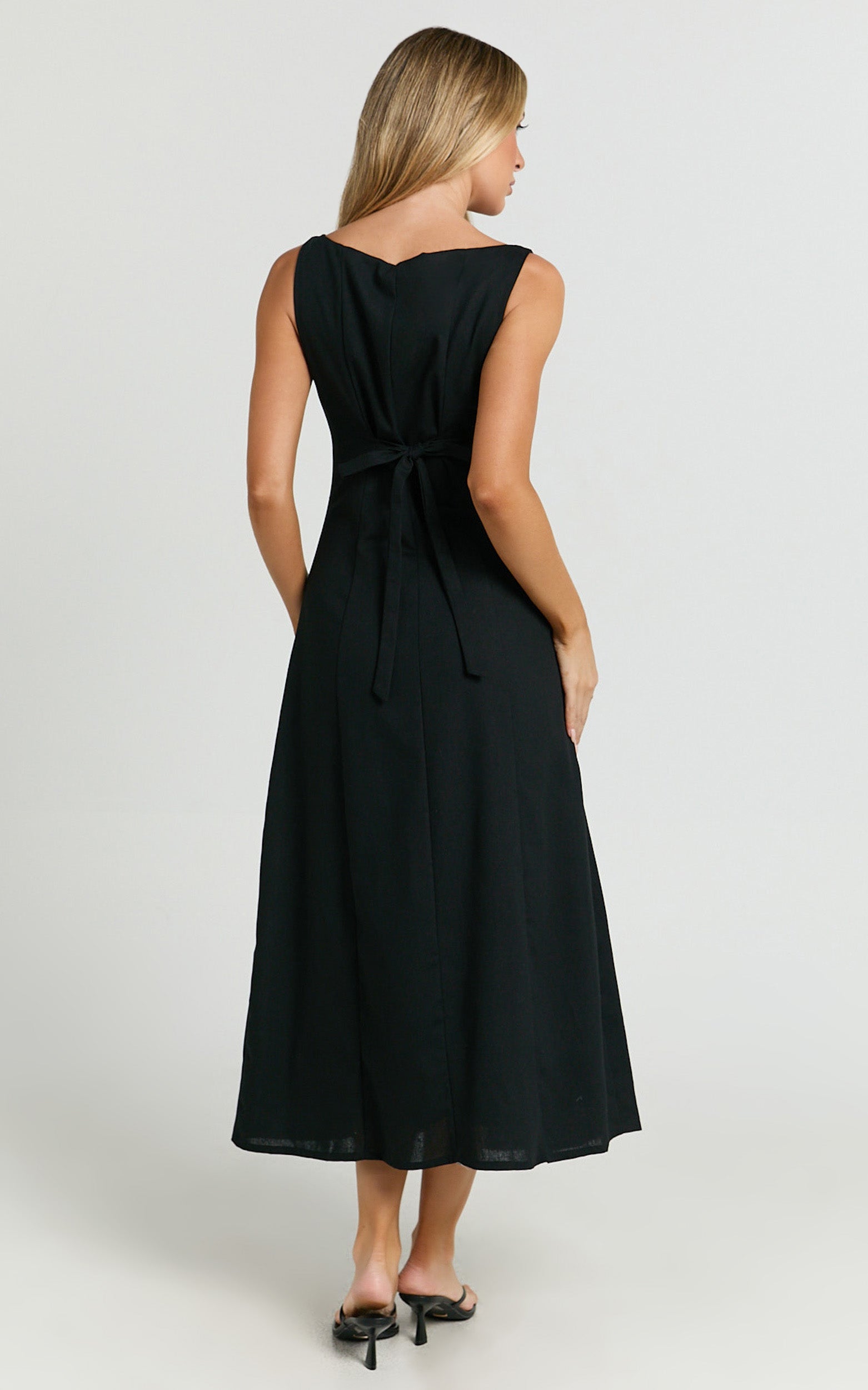 Cameron Midi Dress - Button Front Tie Back Dress in Black - View 9