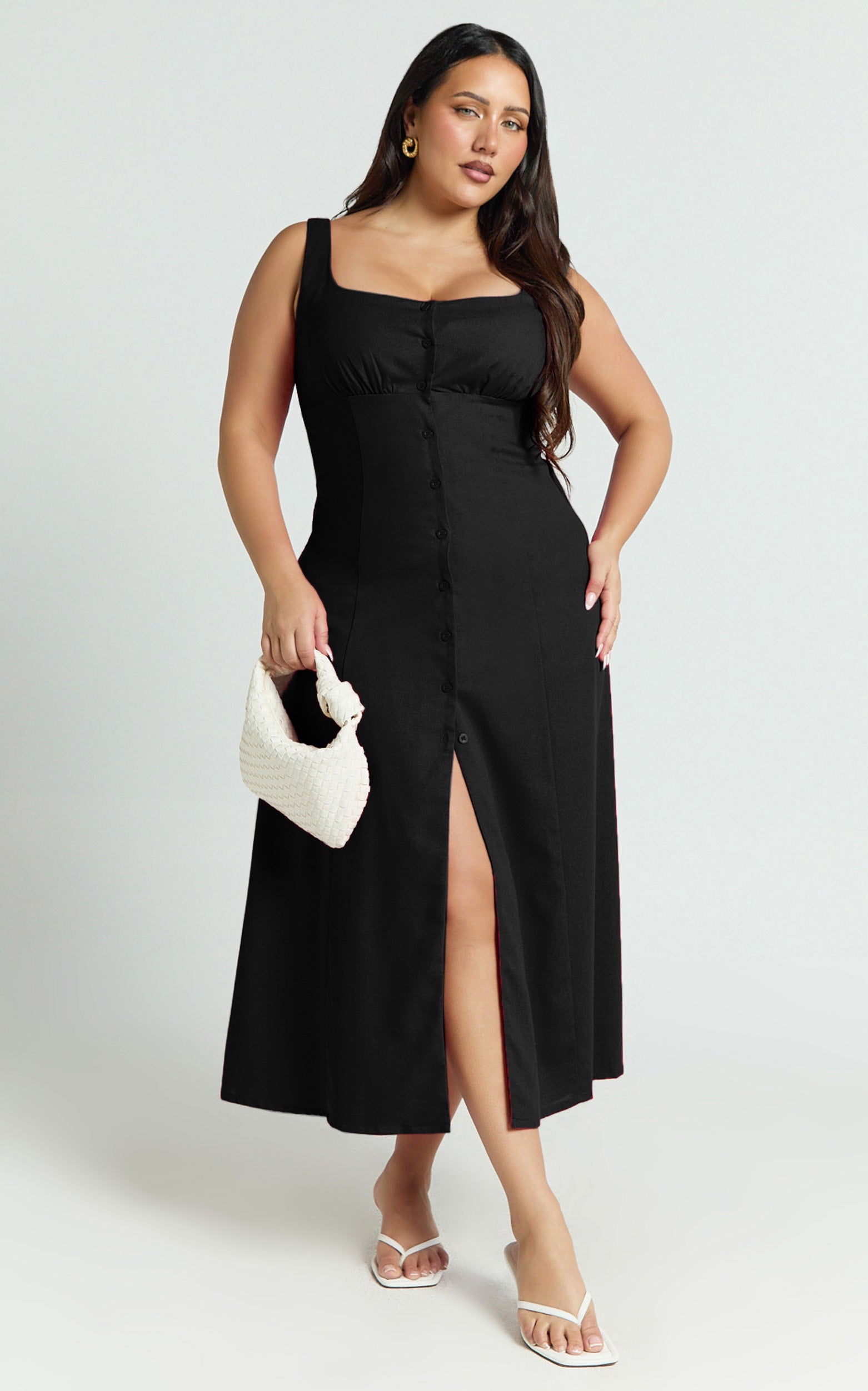 Cameron Midi Dress - Button Front Tie Back Dress in Black - View 2