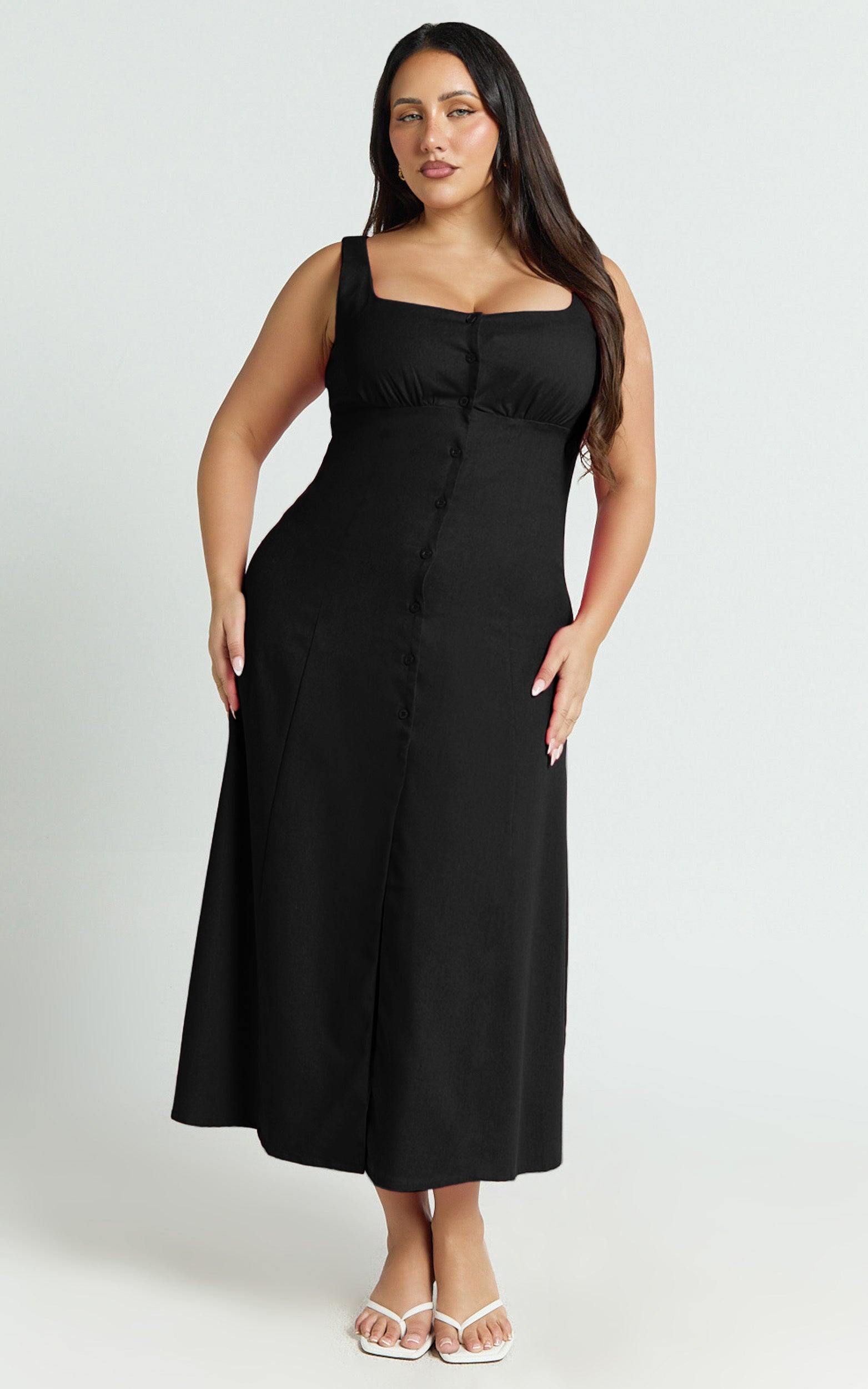 Cameron Midi Dress - Button Front Tie Back Dress in Black - View 6