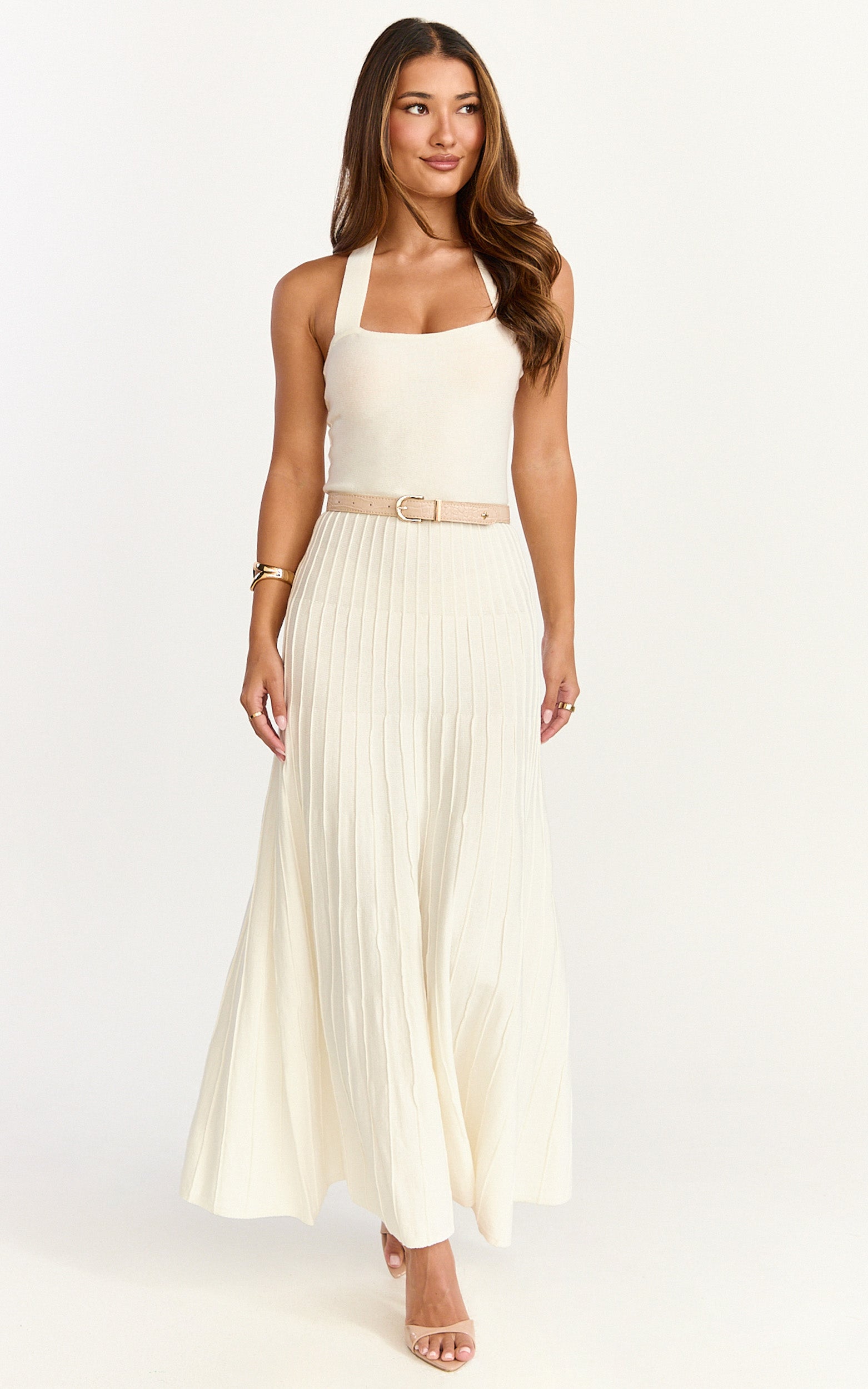 Candace Midi Dress - Halter Neck Ribbed Knit Dress in Cream - View 3
