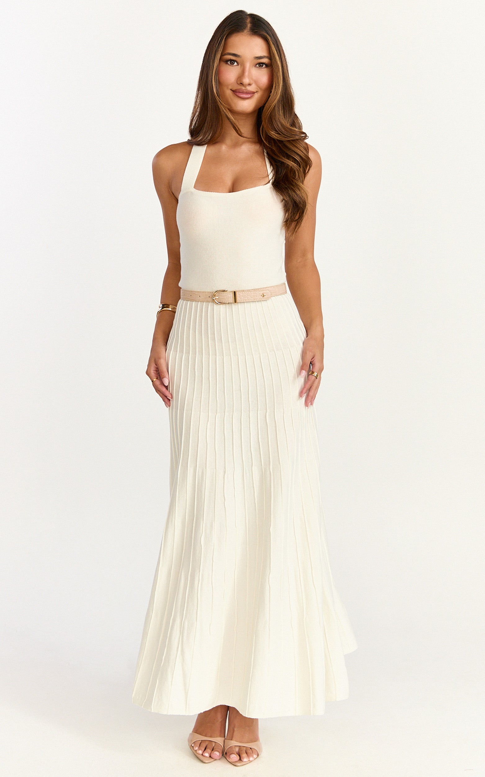 Candace Midi Dress - Halter Neck Ribbed Knit Dress in Cream - View 4