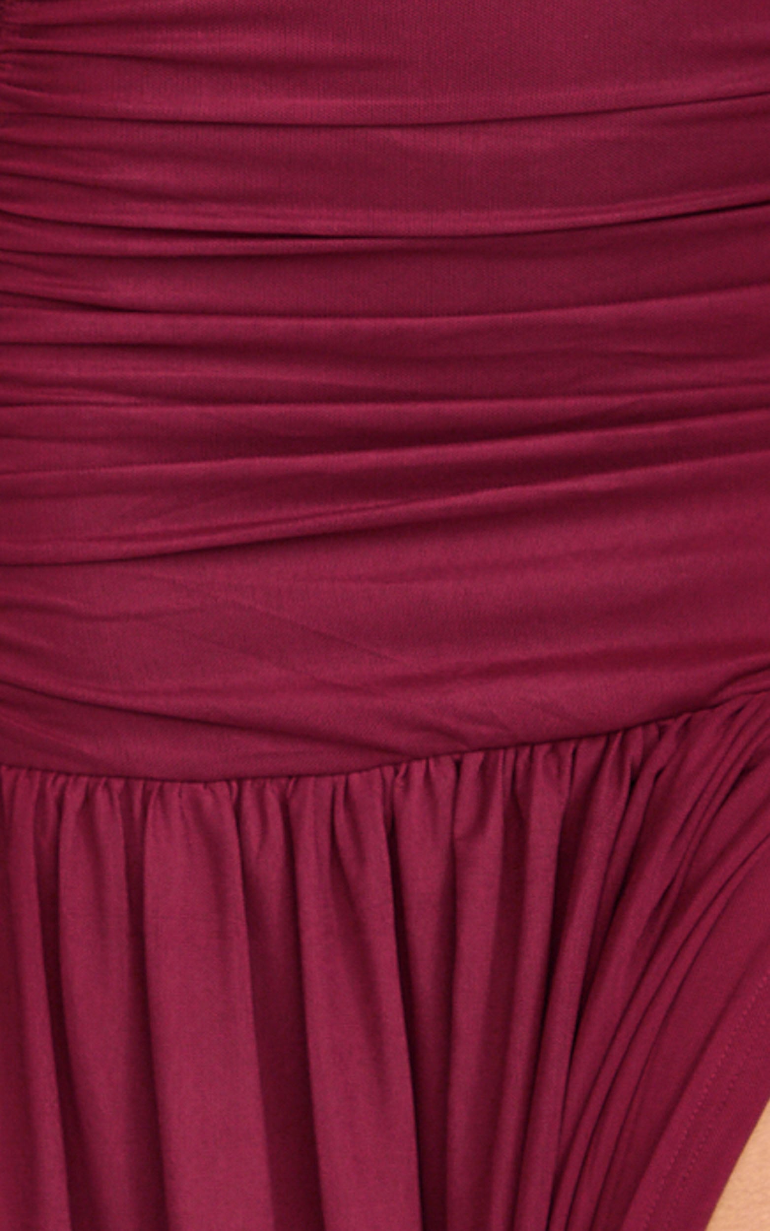 Lara Maxi Dress - Strapless Ruched Mesh High Leg Split Dress in Wine - View 9