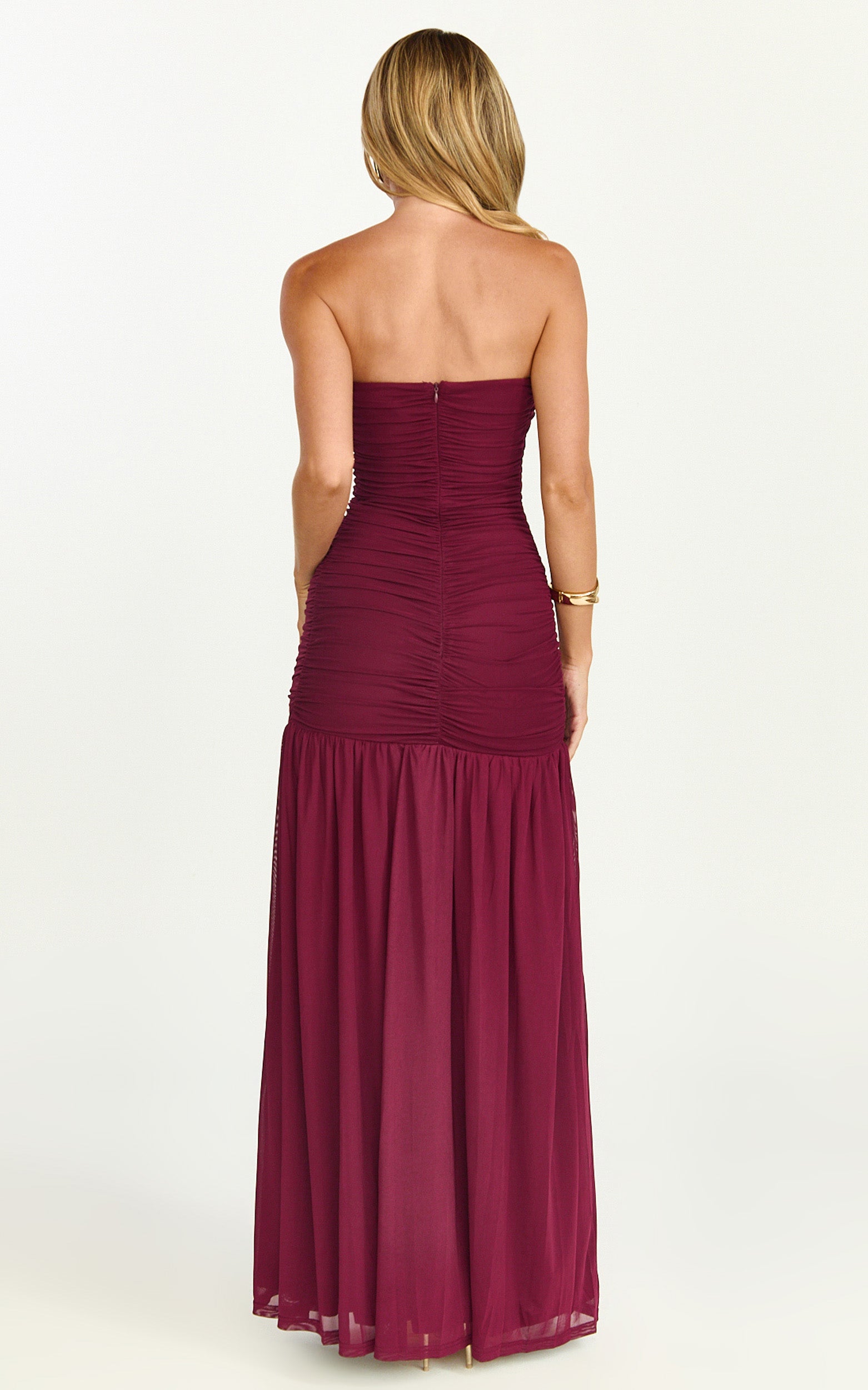 Lara Maxi Dress - Strapless Ruched Mesh High Leg Split Dress in Wine - View 8