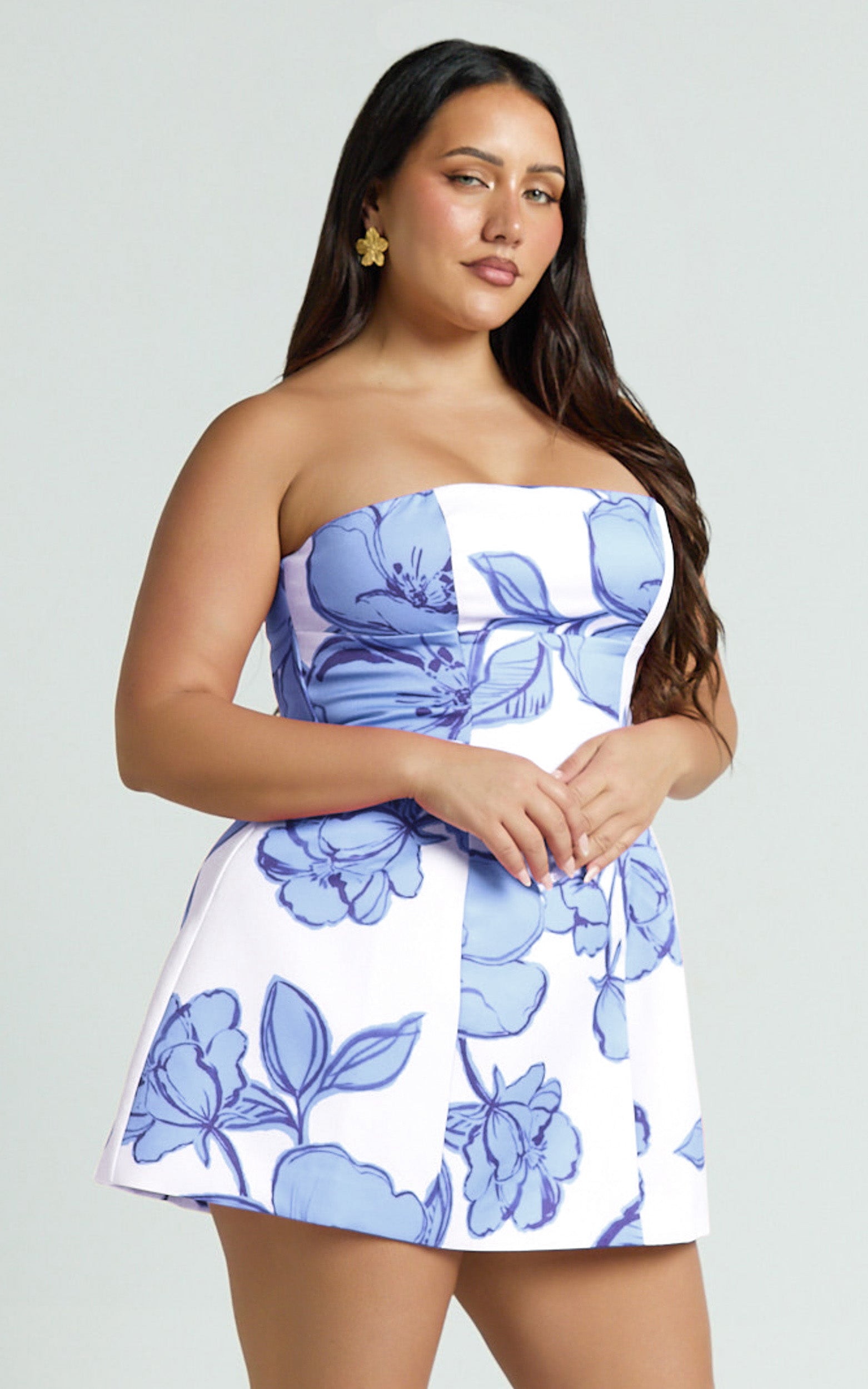 Catharine Mini Dress - Strapless A Line Dress in Blue Floral - View 9