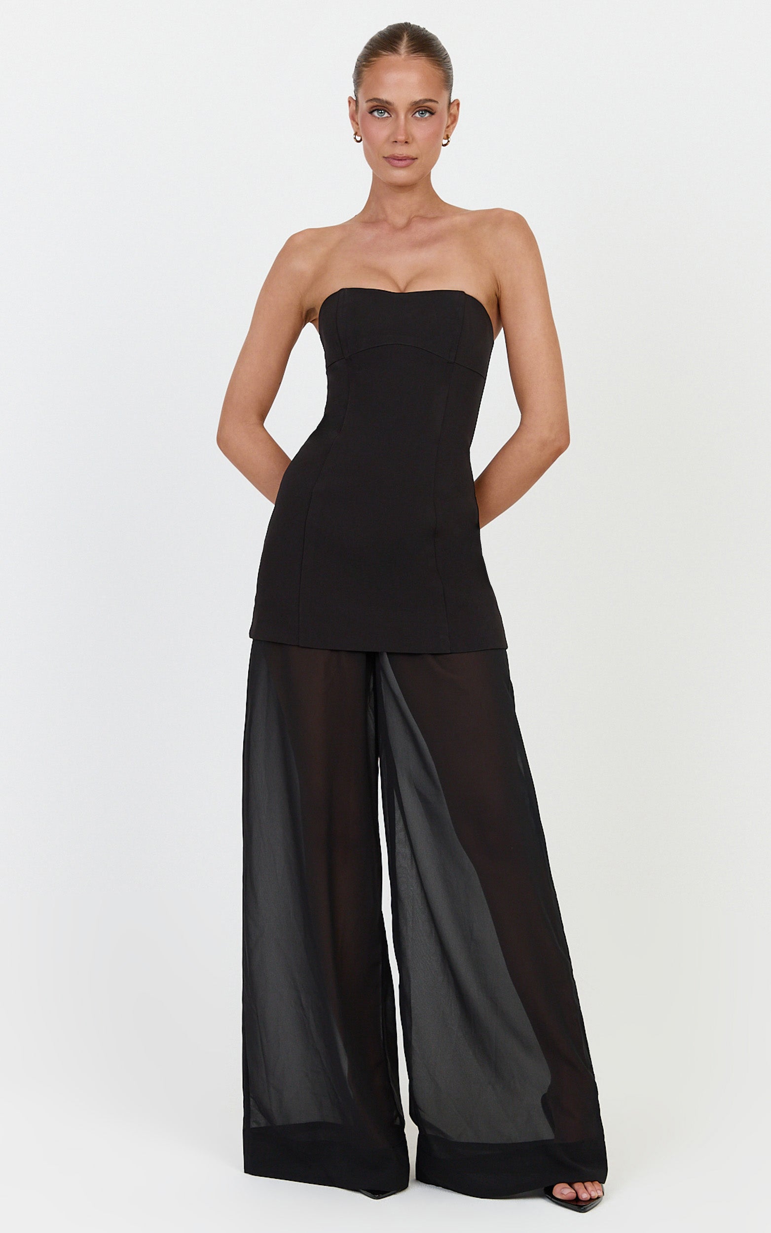 Colette Two Piece Set - Strapless Longline Top And Sheer Wide Legged Pant Set in Black - View 1