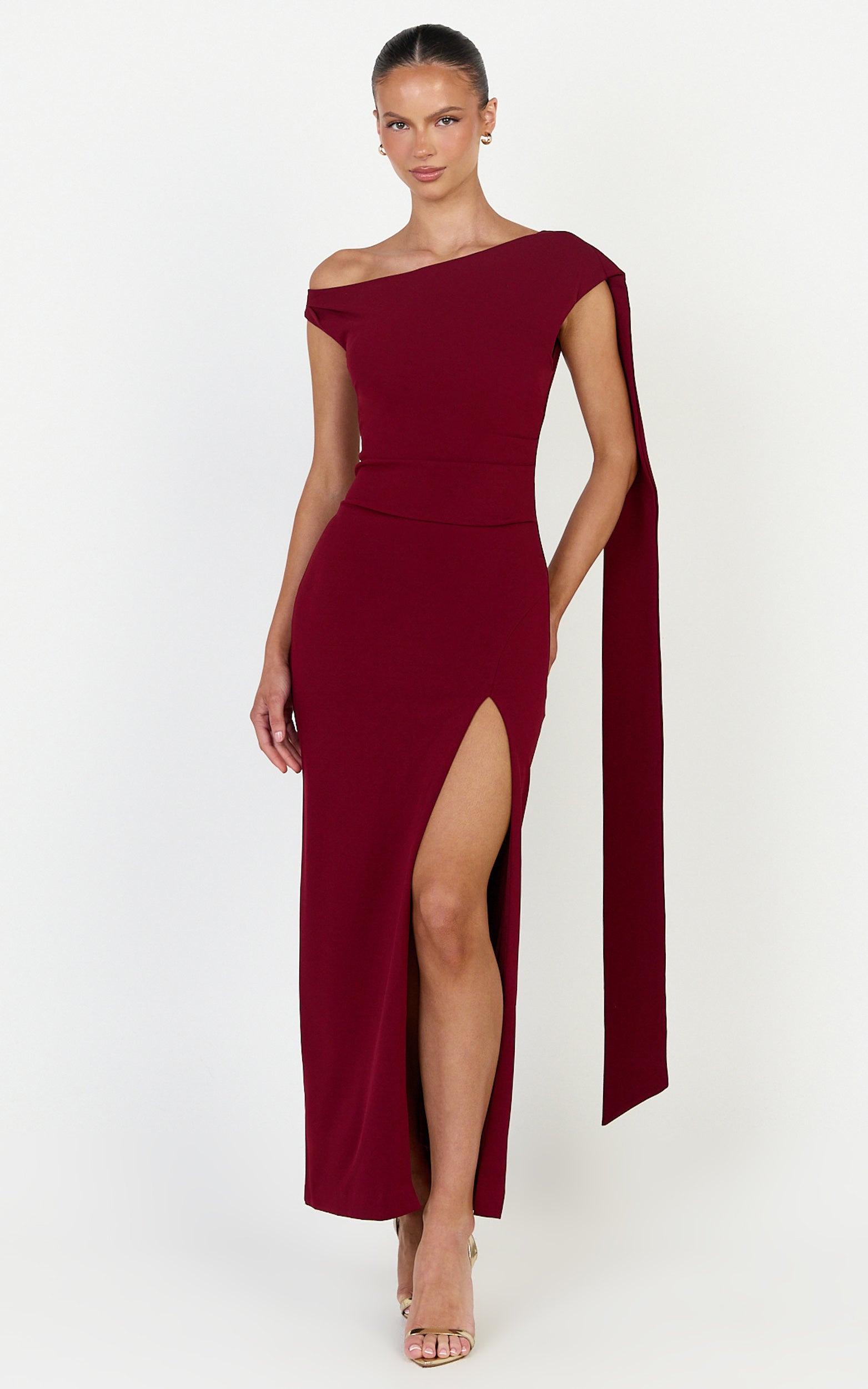 Cosette Midi Dress - Asymmetric Neckline Draped Shoulder Sash Dress in Wine - View 1