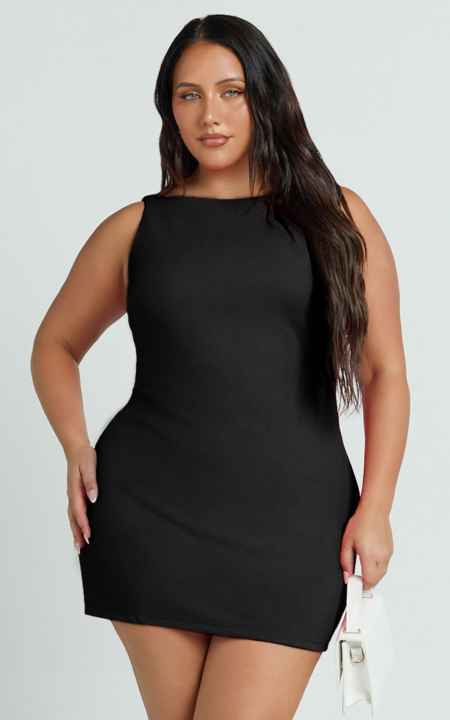 Bindi Boat Neck Bodycon Mini Dress in Black - View 2