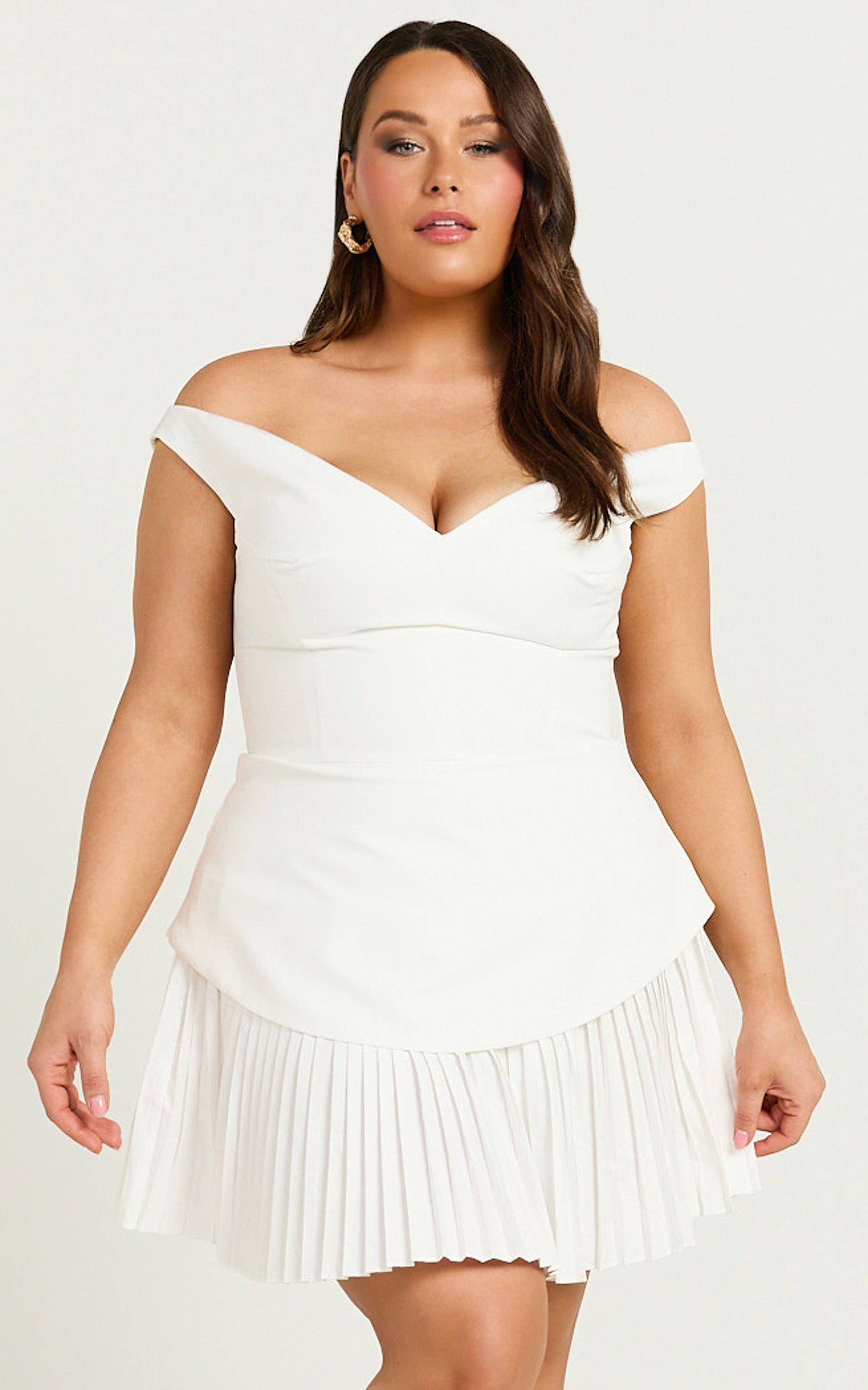 Izara Mini Dress - Off Shoulder Pleated Dress in Off White - View 2