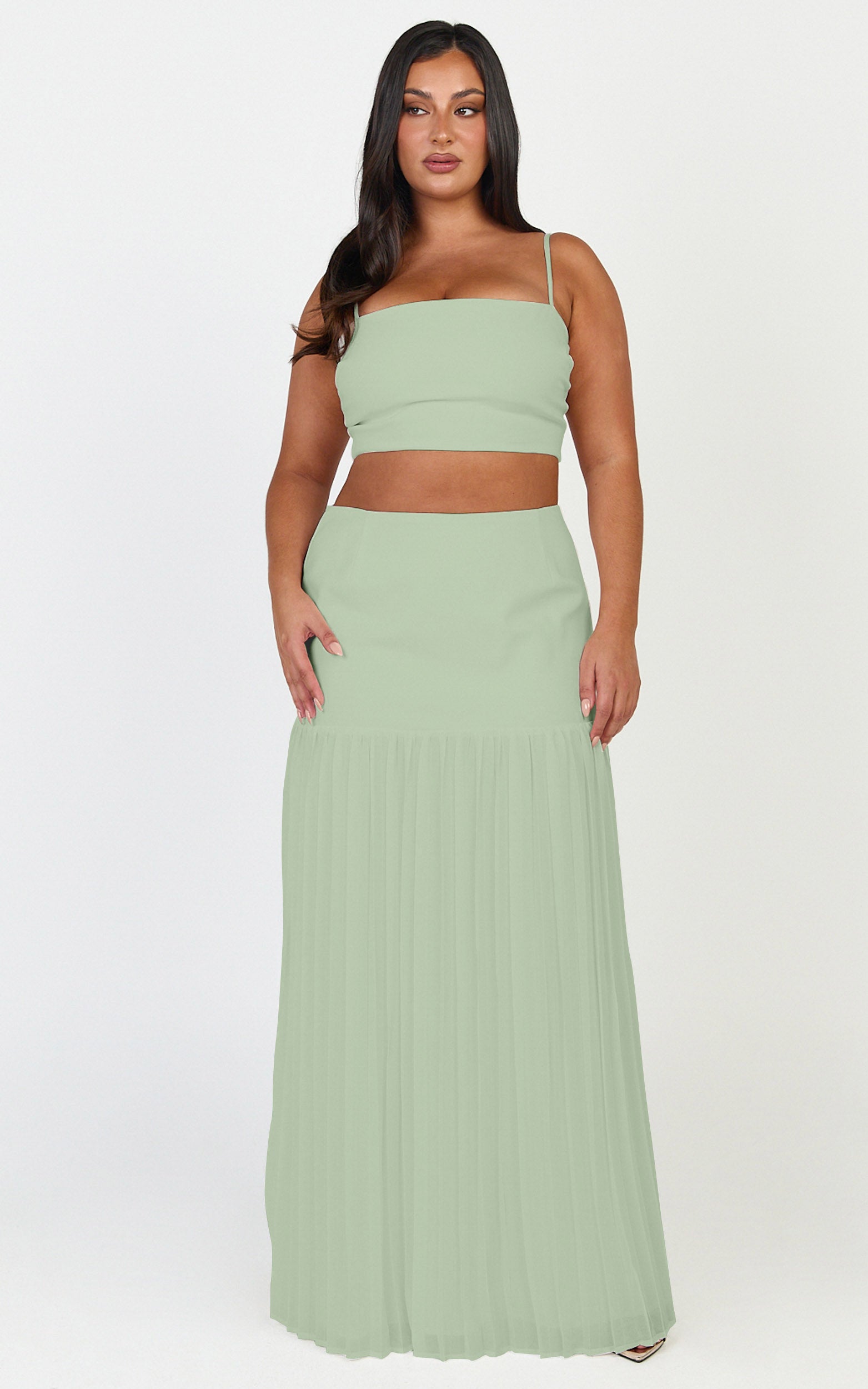 Rowan Two Piece Top and Skirt Set - Square Neck Crop Top and High Waist Pleated Maxi Skirt Set in Sage - View 3