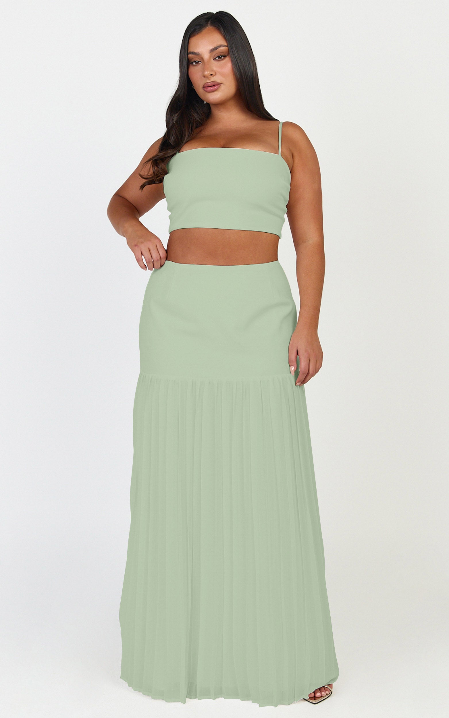 Rowan Two Piece Top and Skirt Set - Square Neck Crop Top and High Waist Pleated Maxi Skirt Set in Sage - View 2