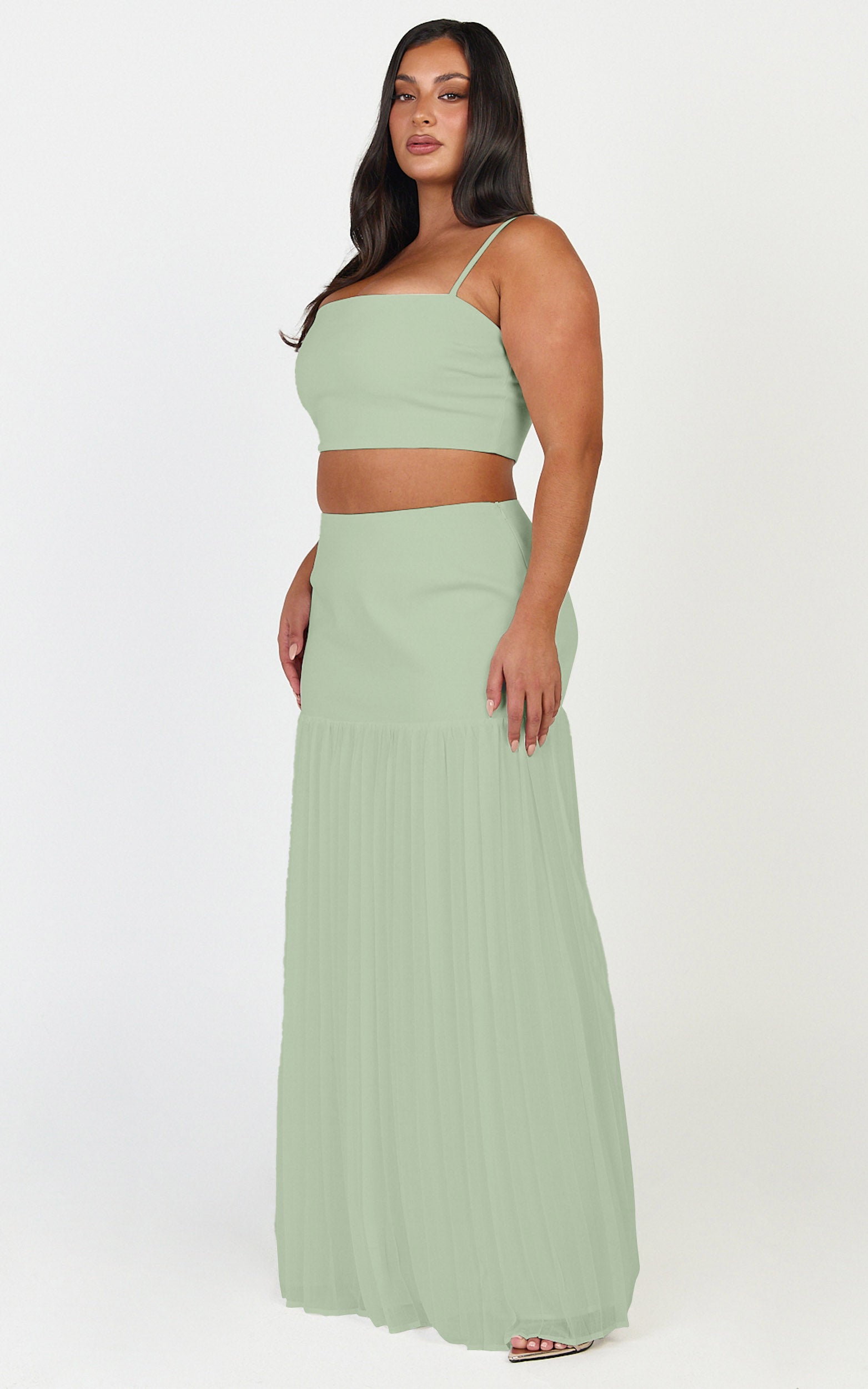 Rowan Two Piece Top and Skirt Set - Square Neck Crop Top and High Waist Pleated Maxi Skirt Set in Sage - View 6