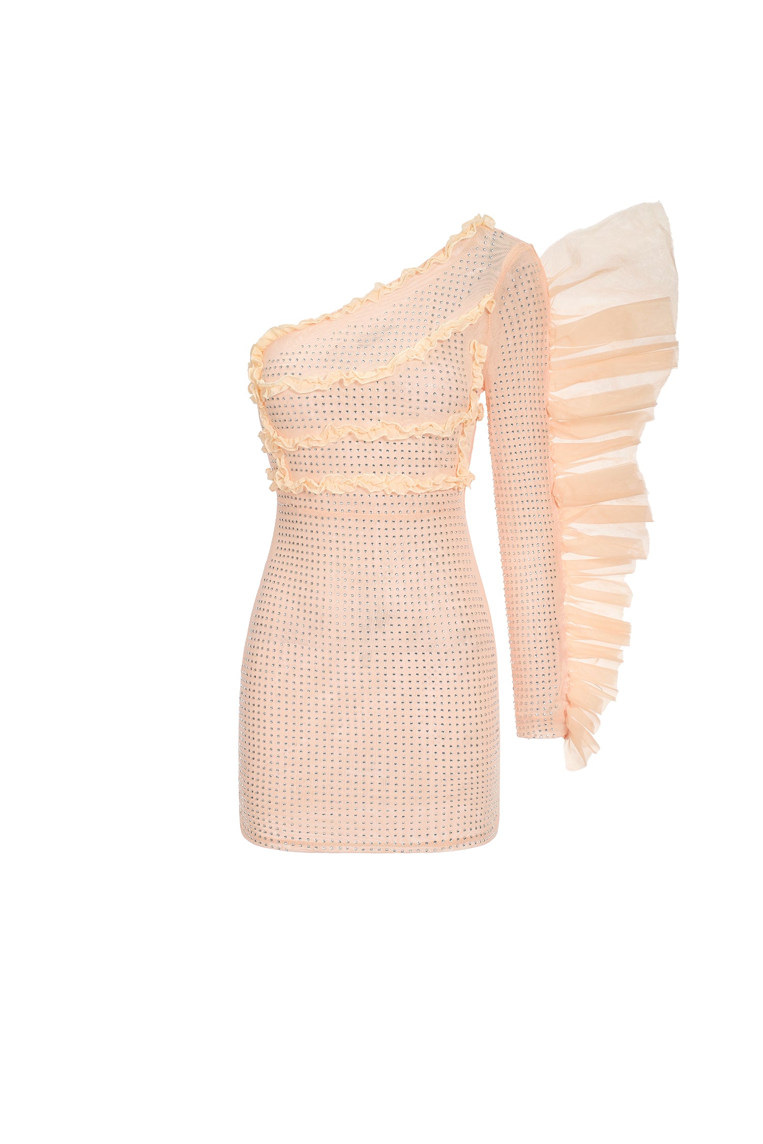 Skyler One Sleeve Diamante Ruffled Mini Dress - Beige
