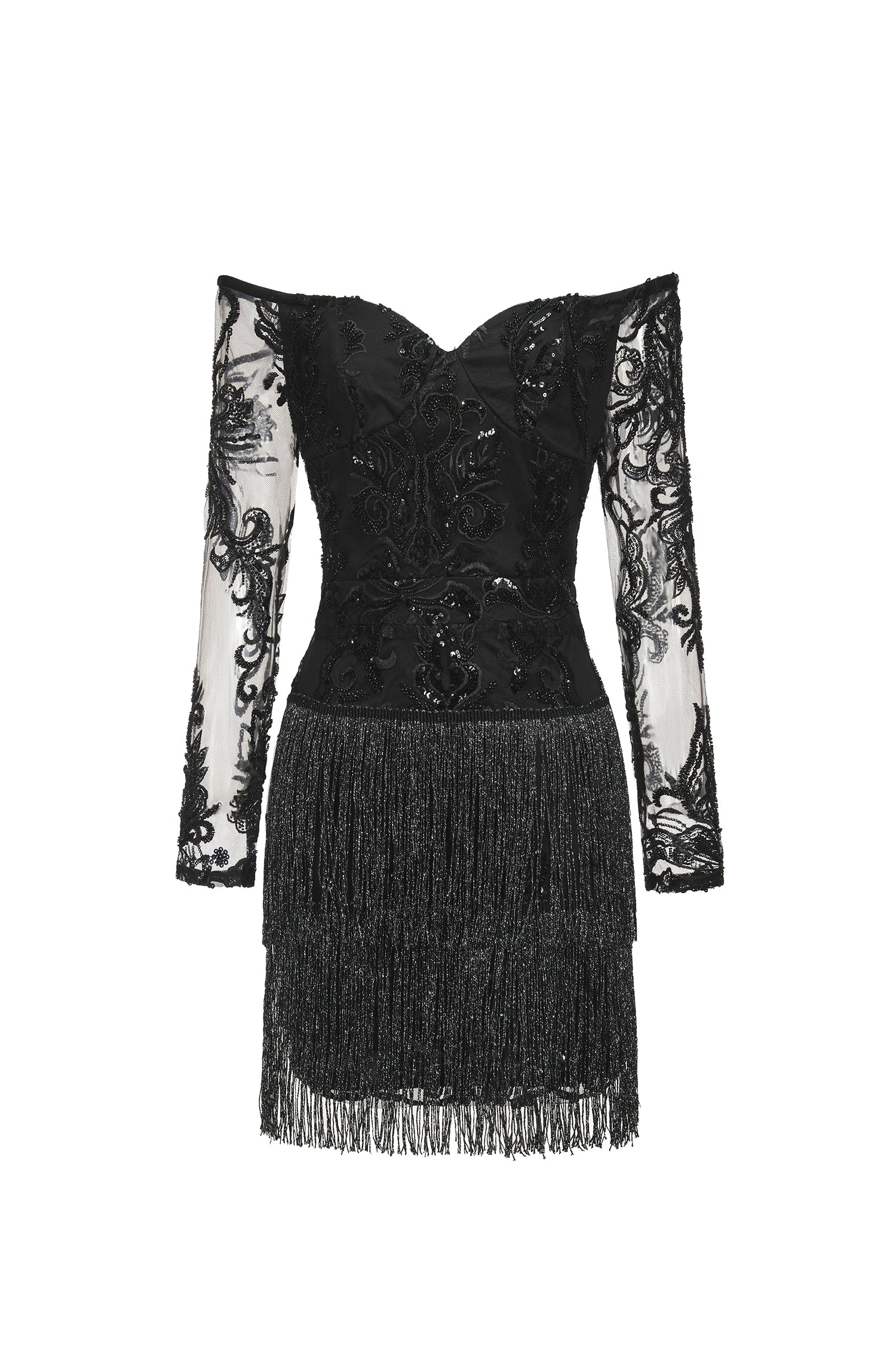 Ludia Lace Sequins Off Shoulder Fringe Mini Dress