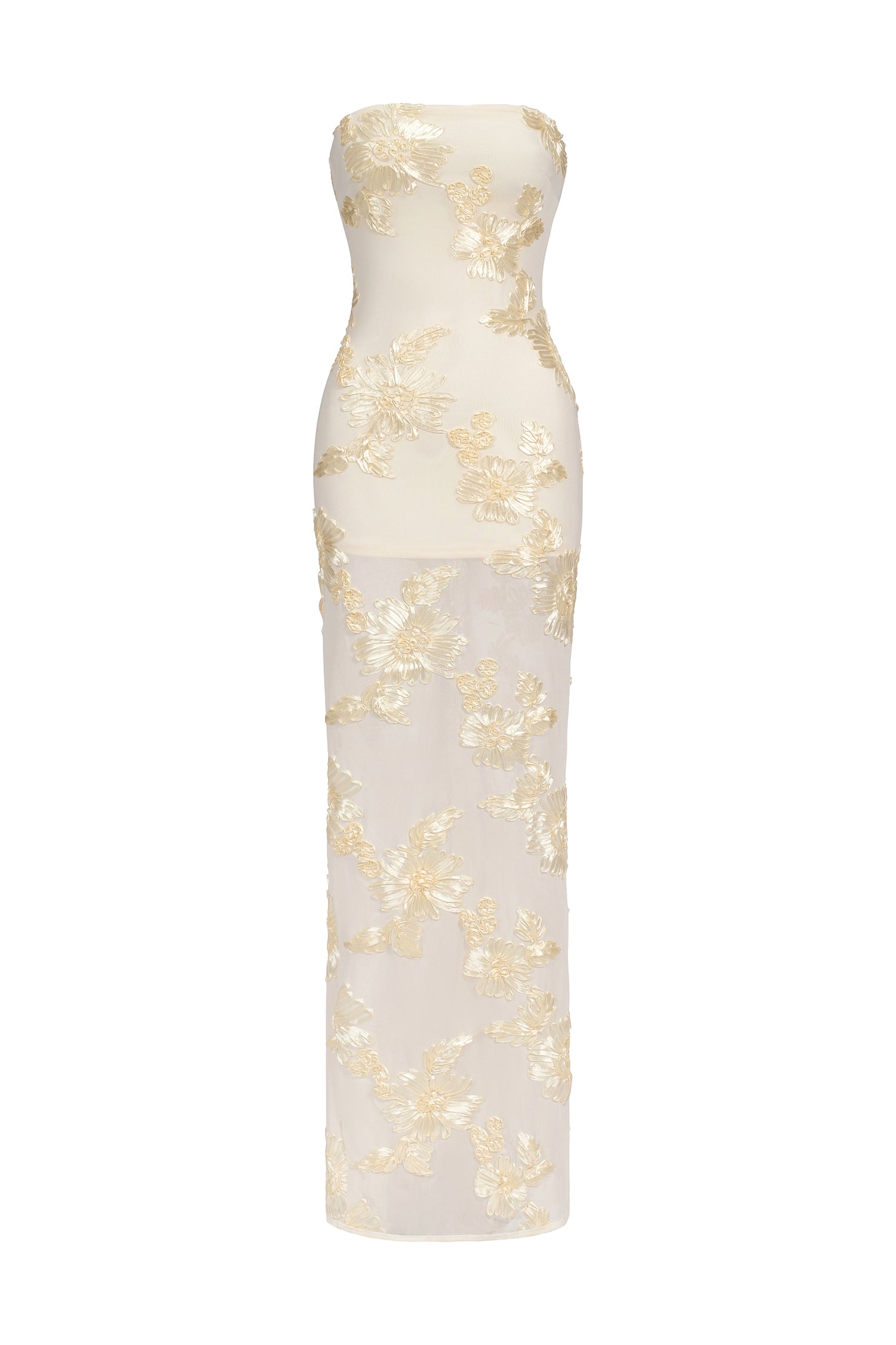 Deliyn Strapless Embroidery Flower Mesh Maxi Dress