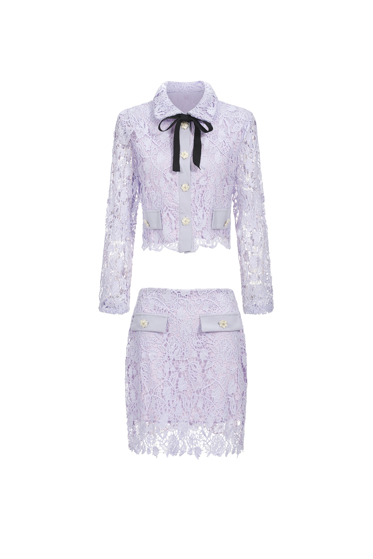 Estrela Long Sleeves Hollow Lace Two-Piece Set