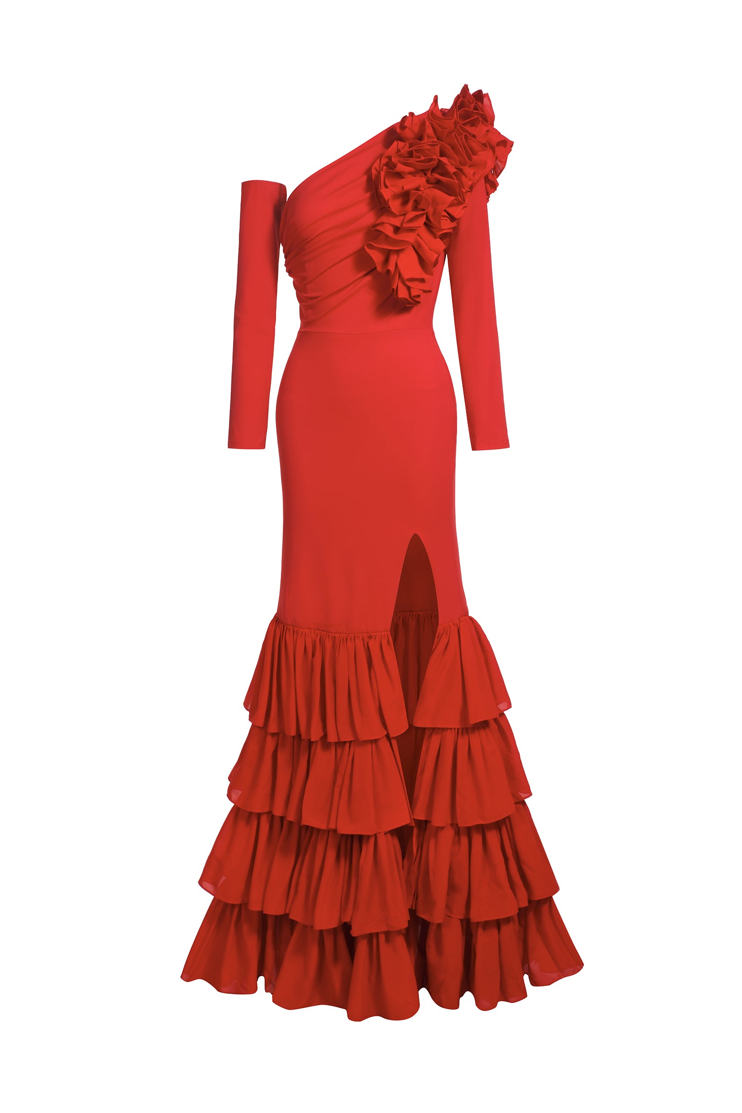 Vedasa One Shoulder Long Sleeves Ruffled High Slit Maxi Dress