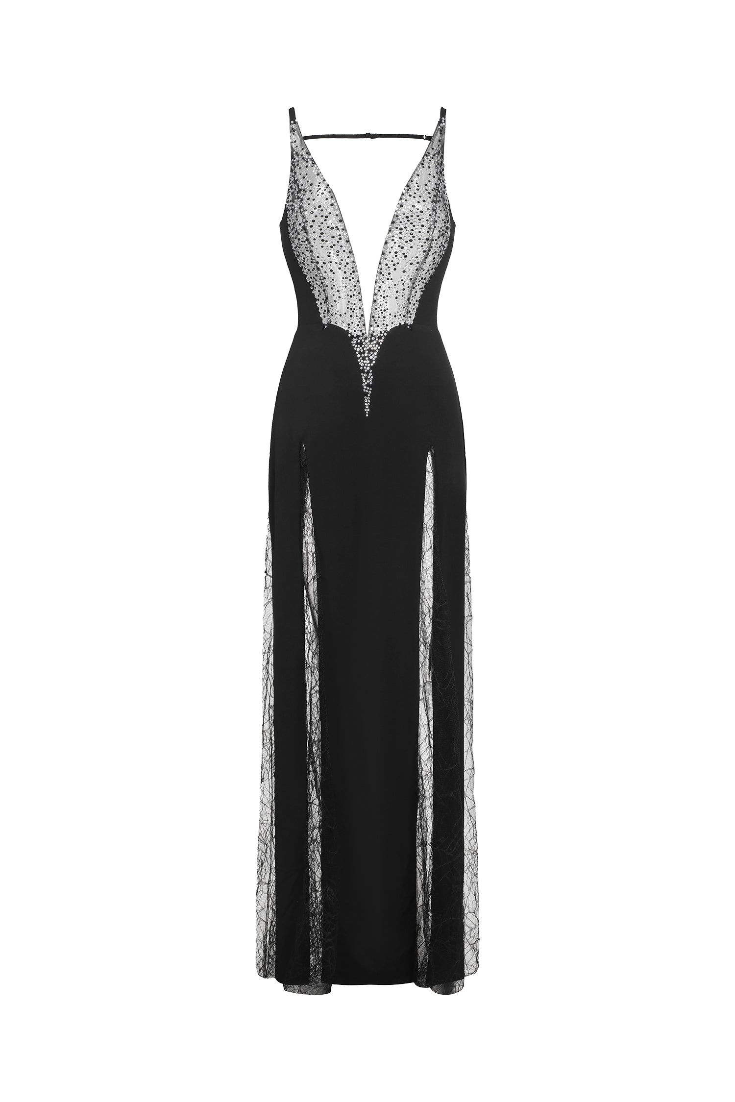 Ledasa Deep-V Diamond Sleeveless Lace High Slit Maxi Dress