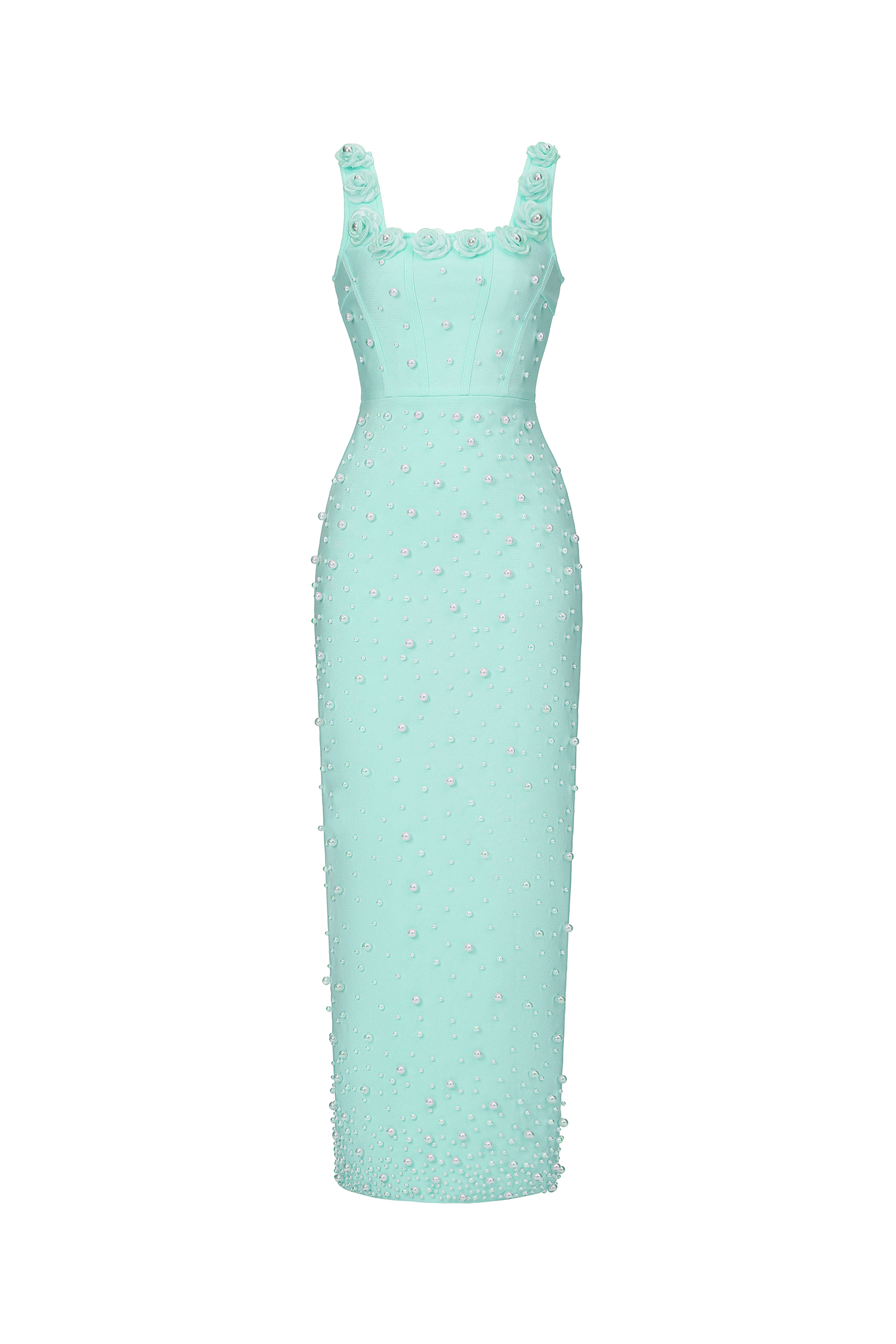 Shea Elegant Contour Square Neck Floral Pearl Bandage Green Maxi Dress
