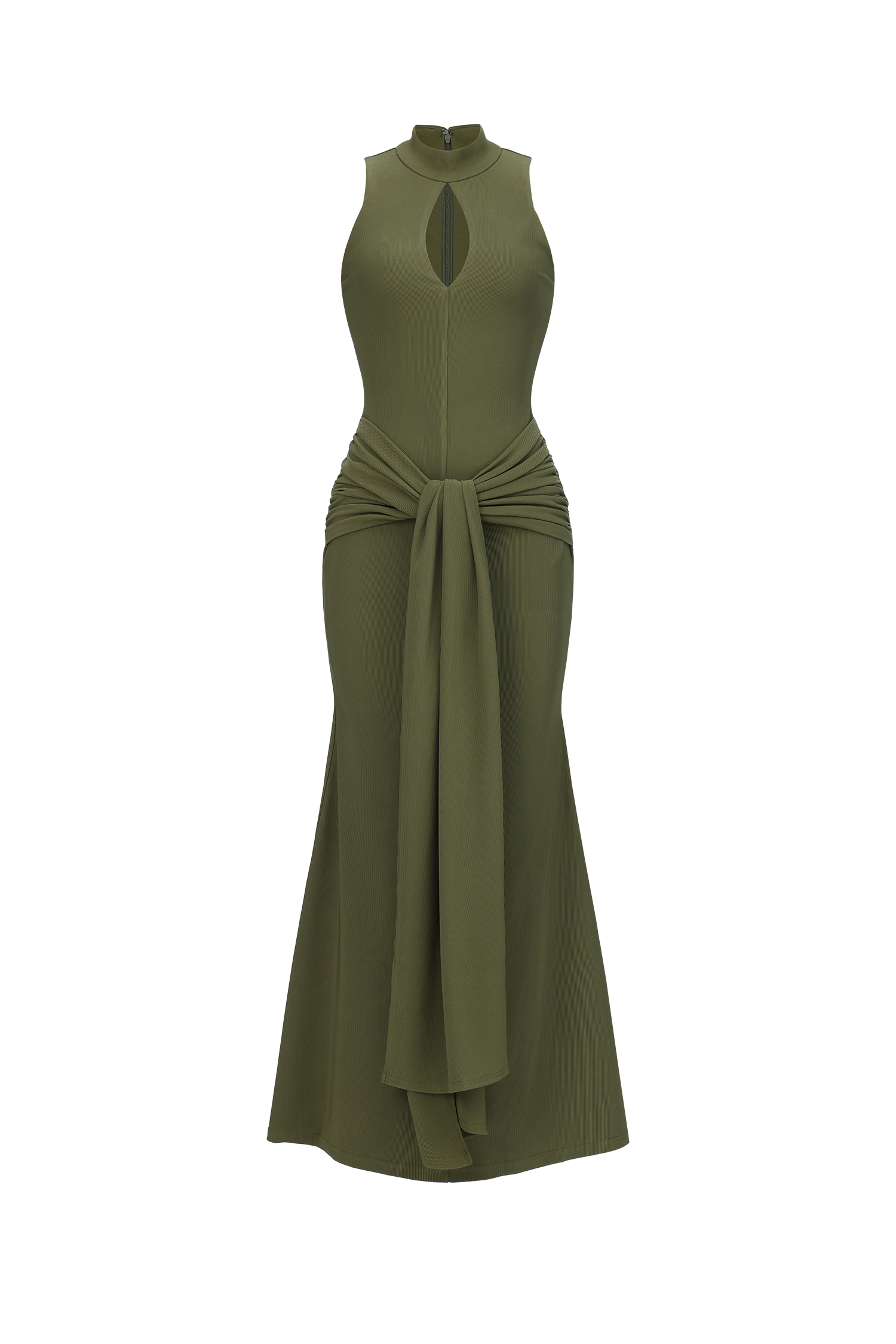 Sukia Chic Form-Fitting High Neck Cutout Draped Tie Sleeveless Mermaid Maxi Dress