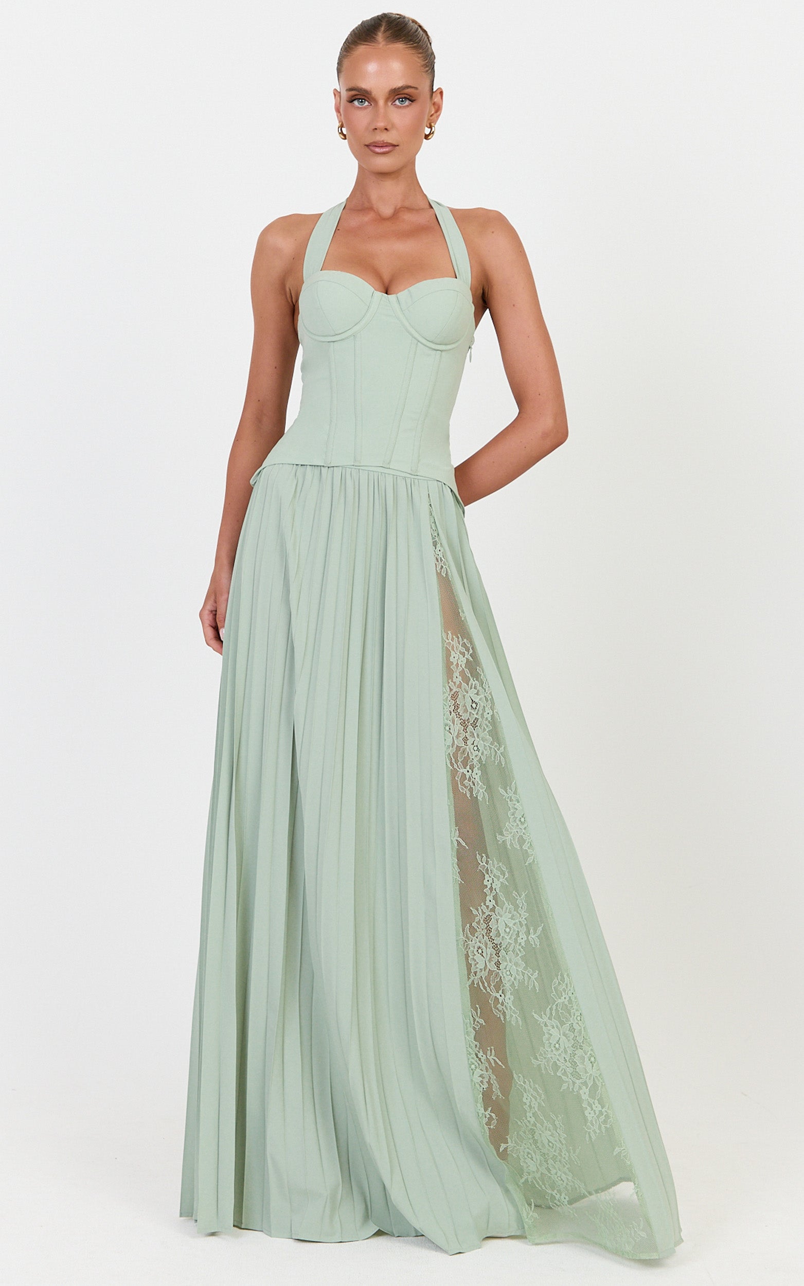 Dani Two Piece Top and Skirt Set - Corset Halter Top And Pleated Skirt Set in Green - View 2