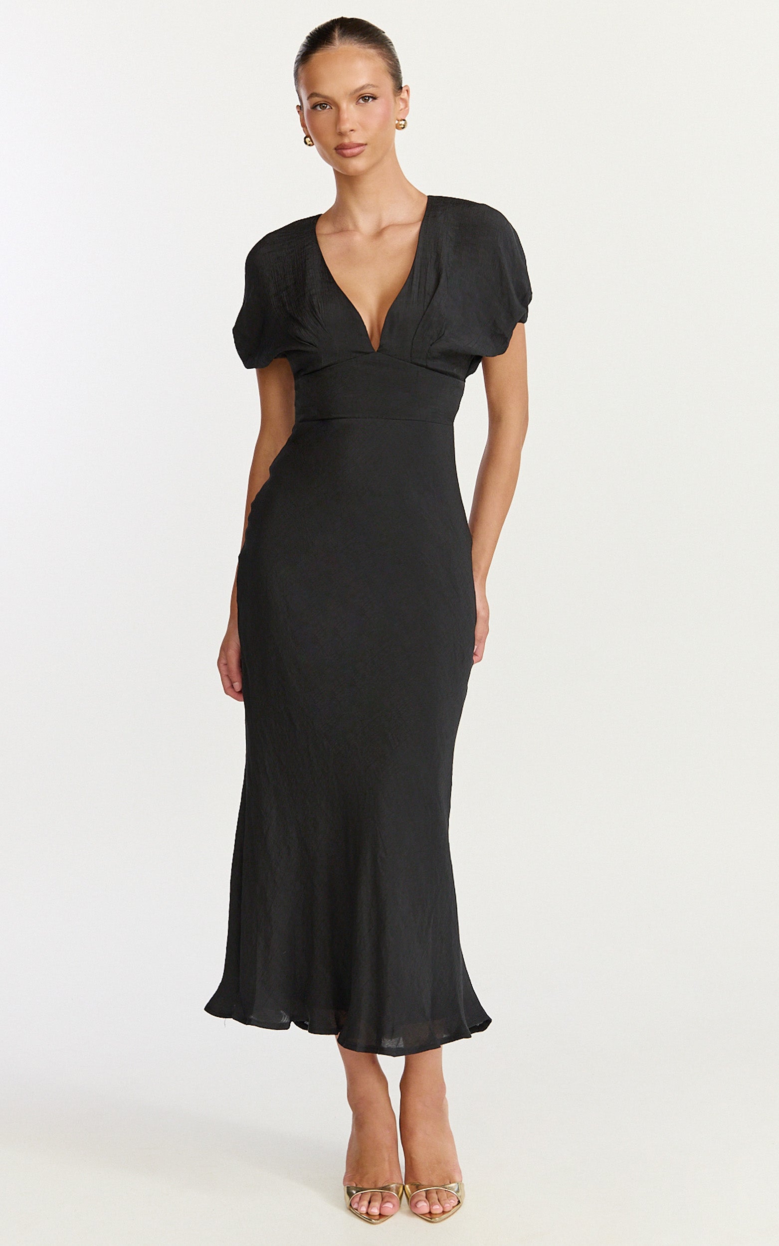 Desiree Midi Dress - V Neck Flutter Short Sleeve Slip Dress in Black - View 3