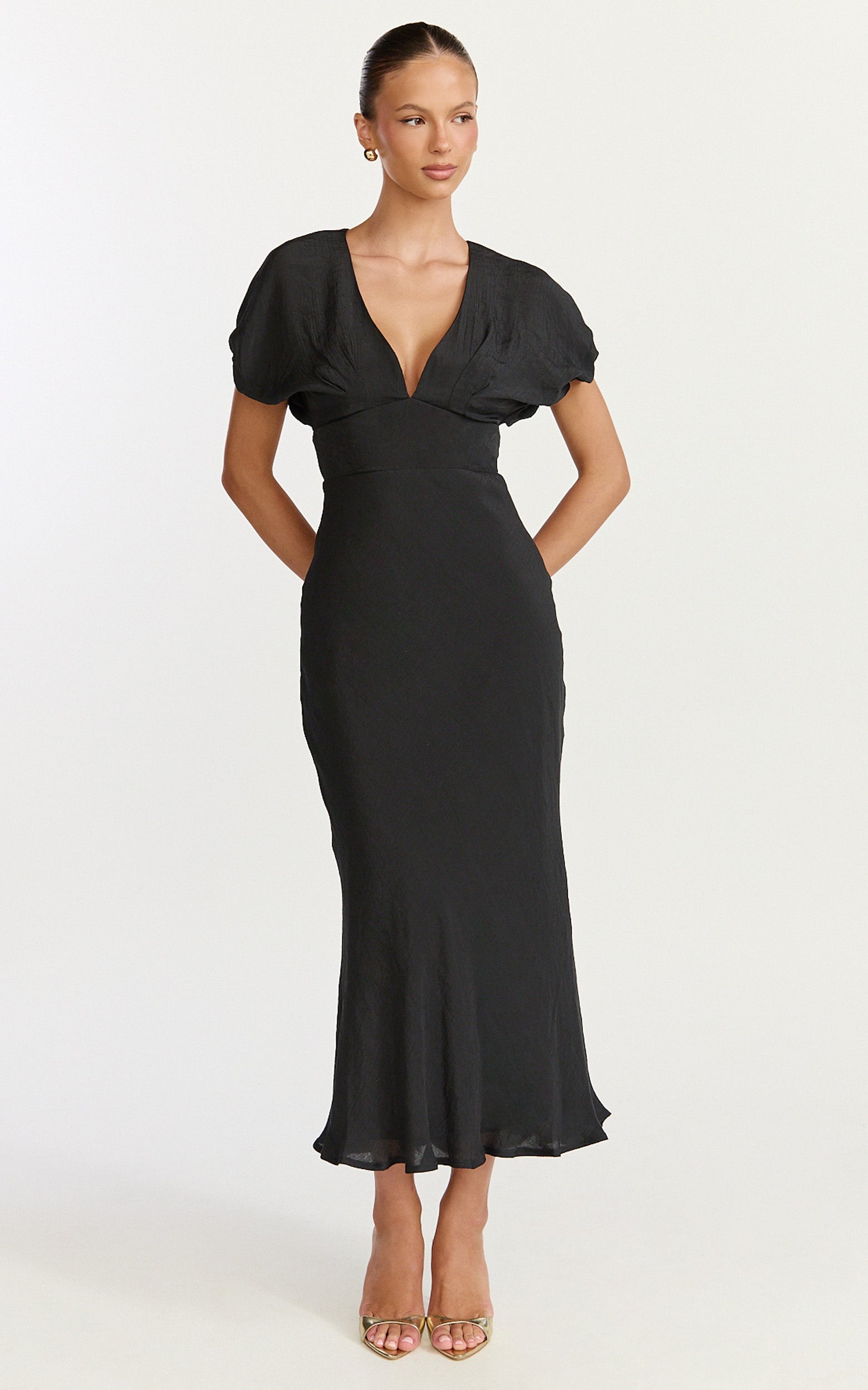 Desiree Midi Dress - V Neck Flutter Short Sleeve Slip Dress in Black - View 1