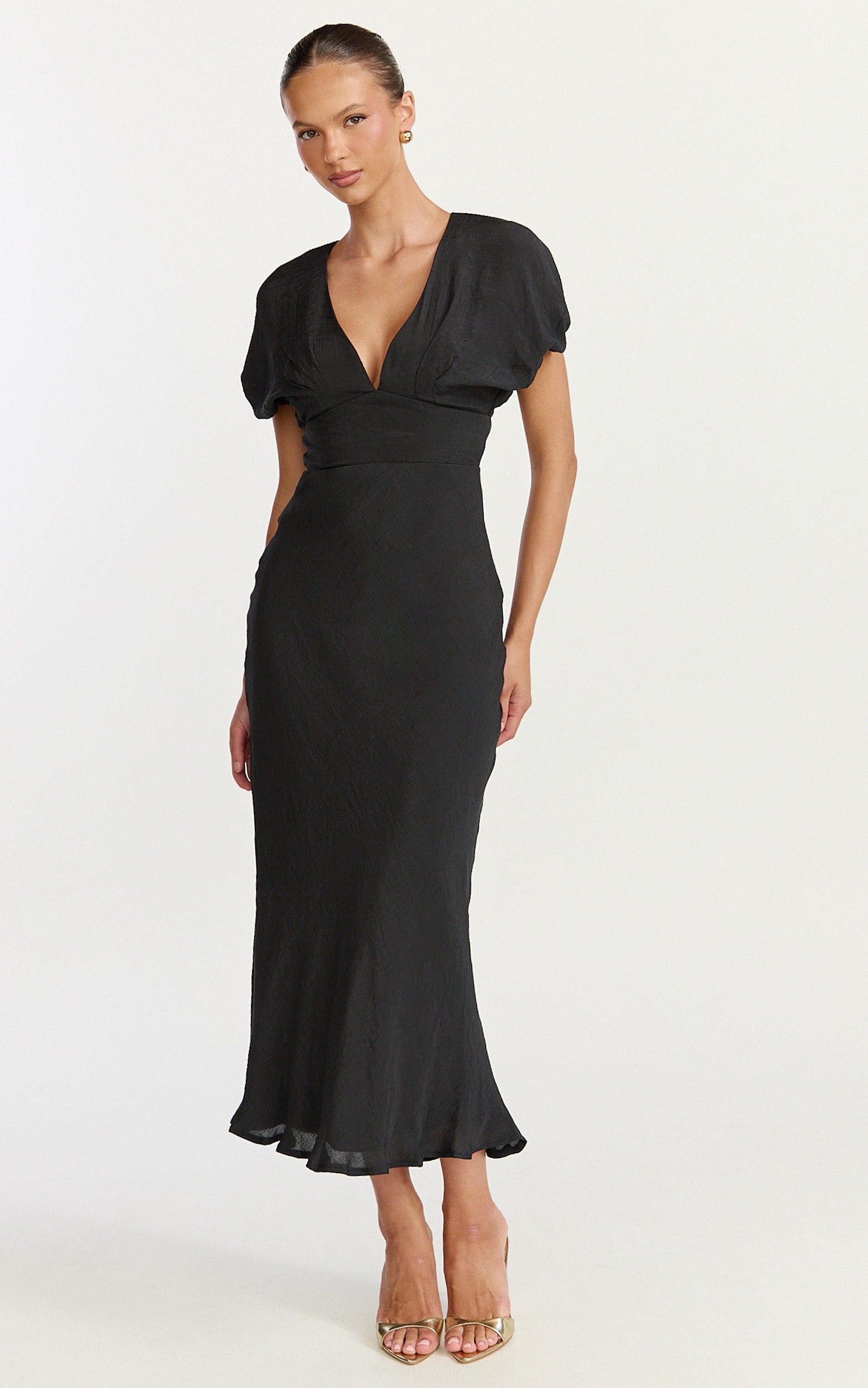 Desiree Midi Dress - V Neck Flutter Short Sleeve Slip Dress in Black - View 4