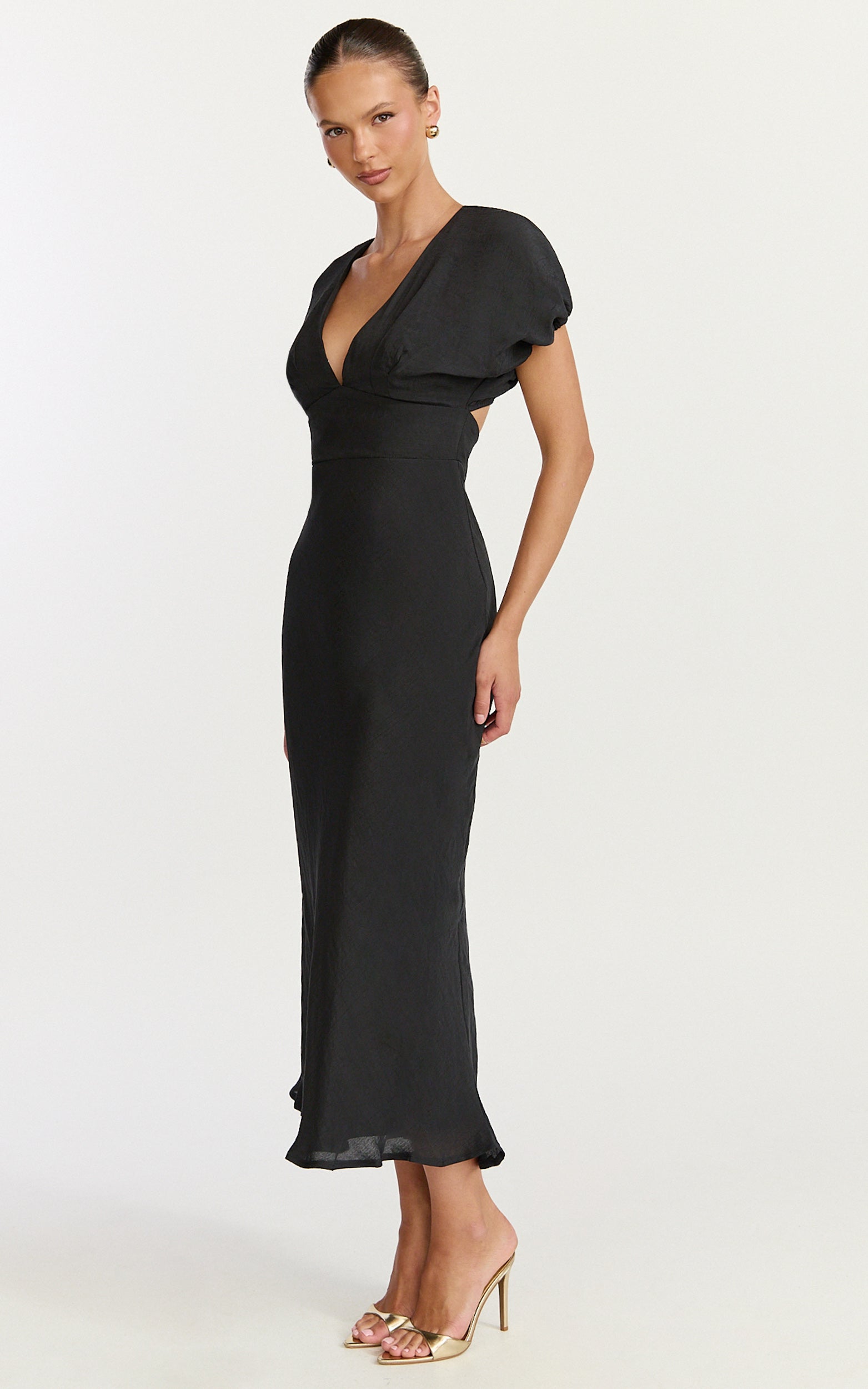 Desiree Midi Dress - V Neck Flutter Short Sleeve Slip Dress in Black - View 5
