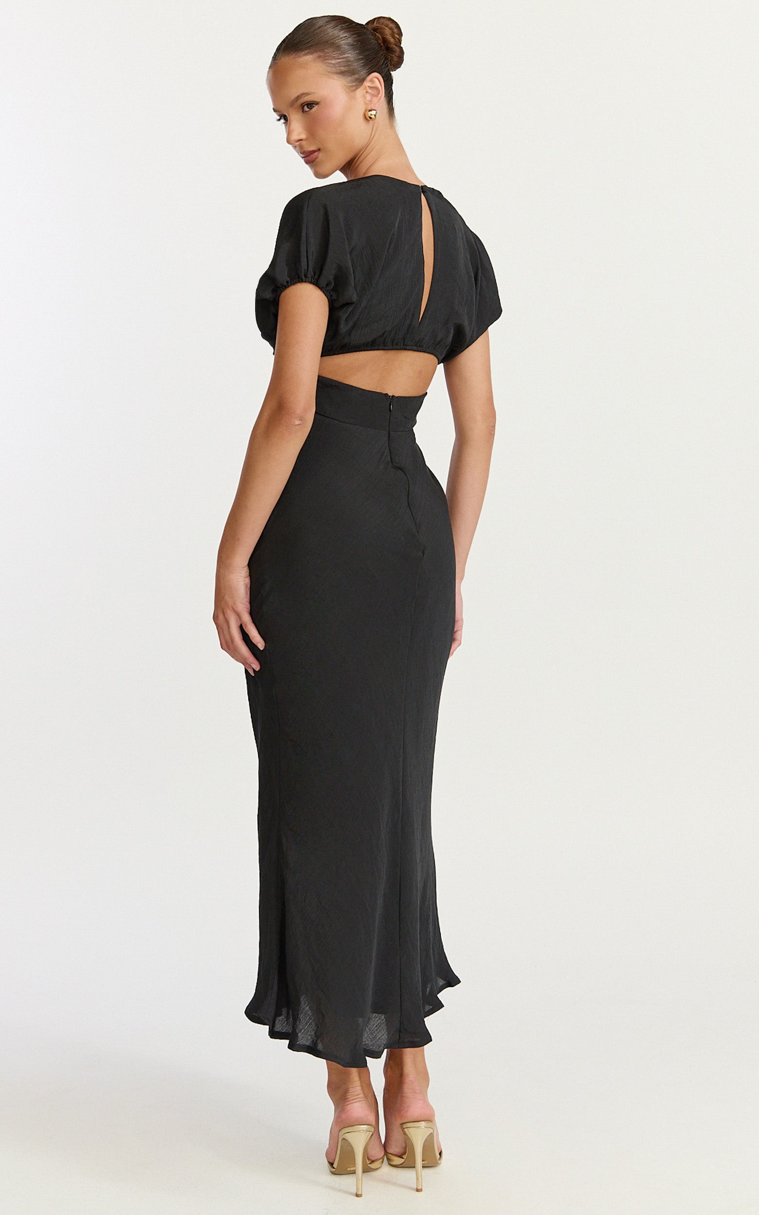 Desiree Midi Dress - V Neck Flutter Short Sleeve Slip Dress in Black - View 2