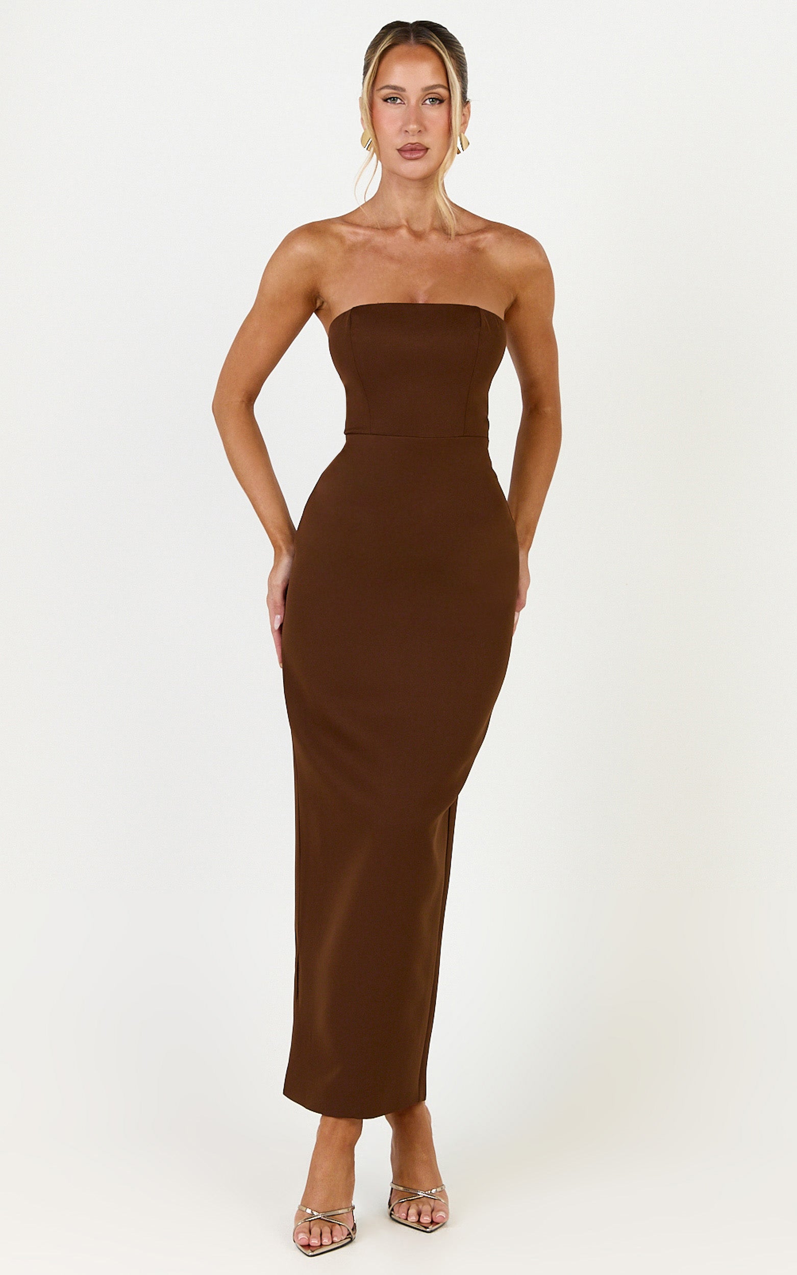 Dessa Midi Dress - Strapless Column Dress in Chocolate - View 1