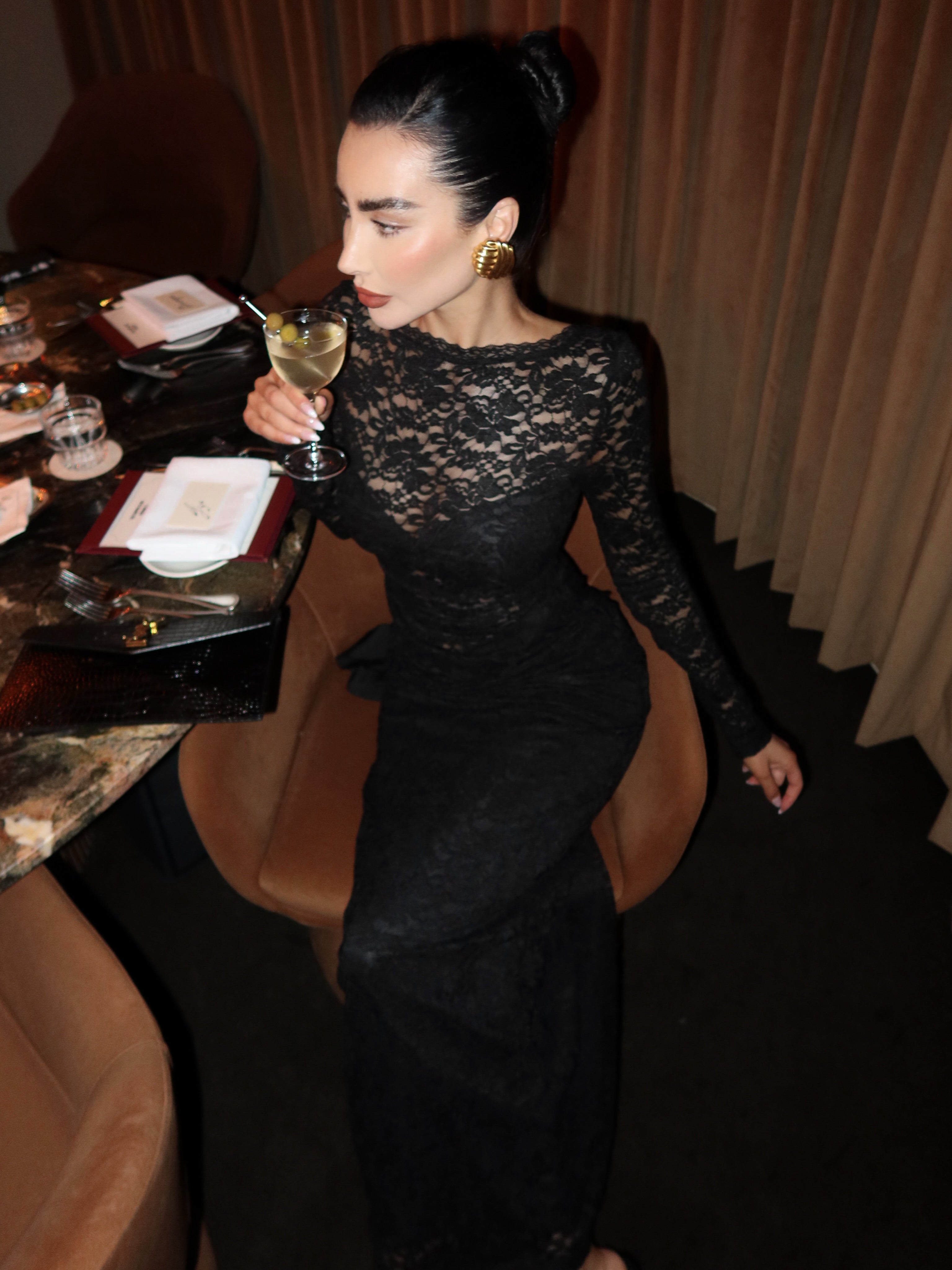 Skye Maxi Dress - Lace Long Sleeve Draped Waist Dress in Black - View 10