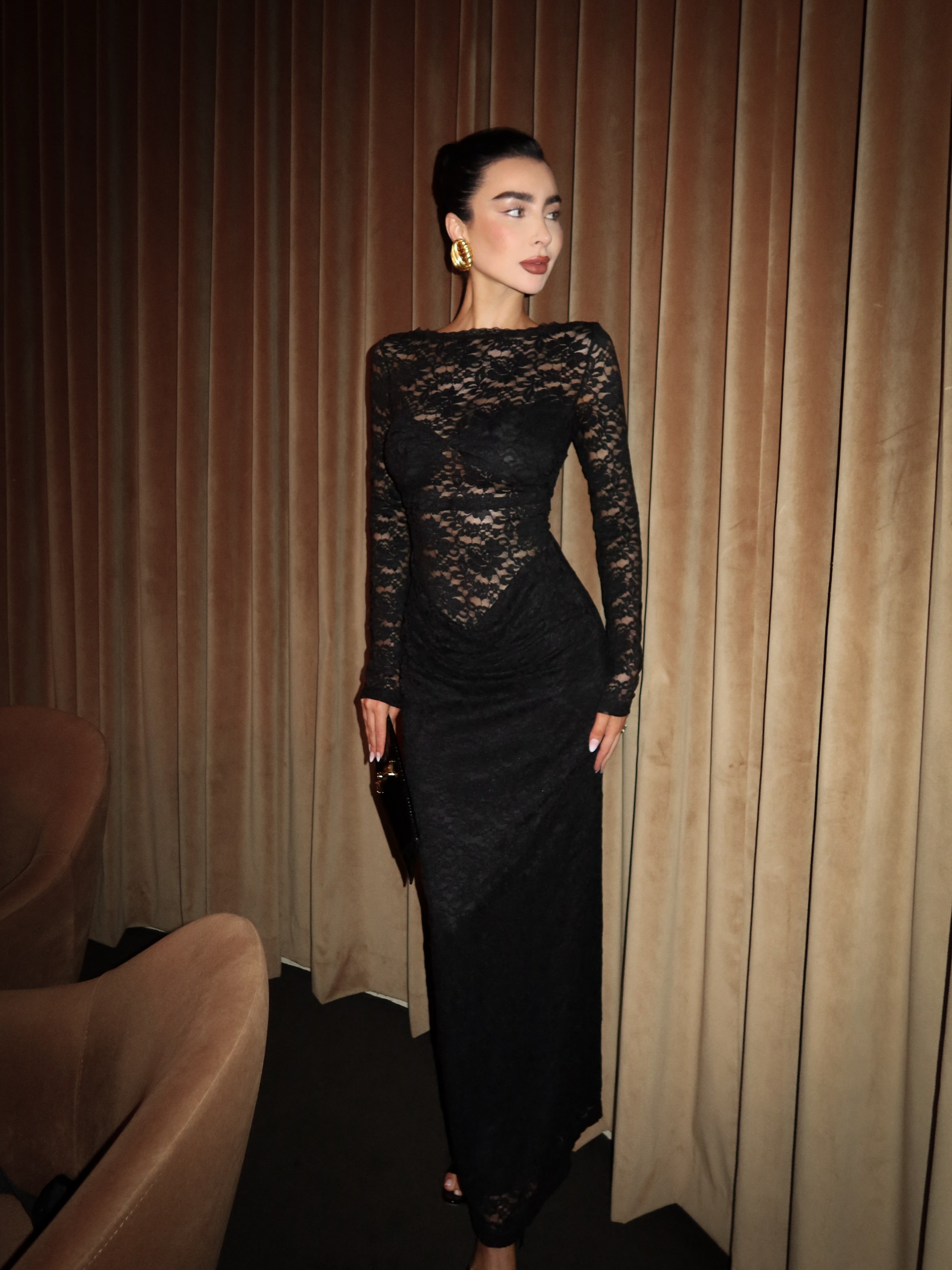 Skye Maxi Dress - Lace Long Sleeve Draped Waist Dress in Black - View 9