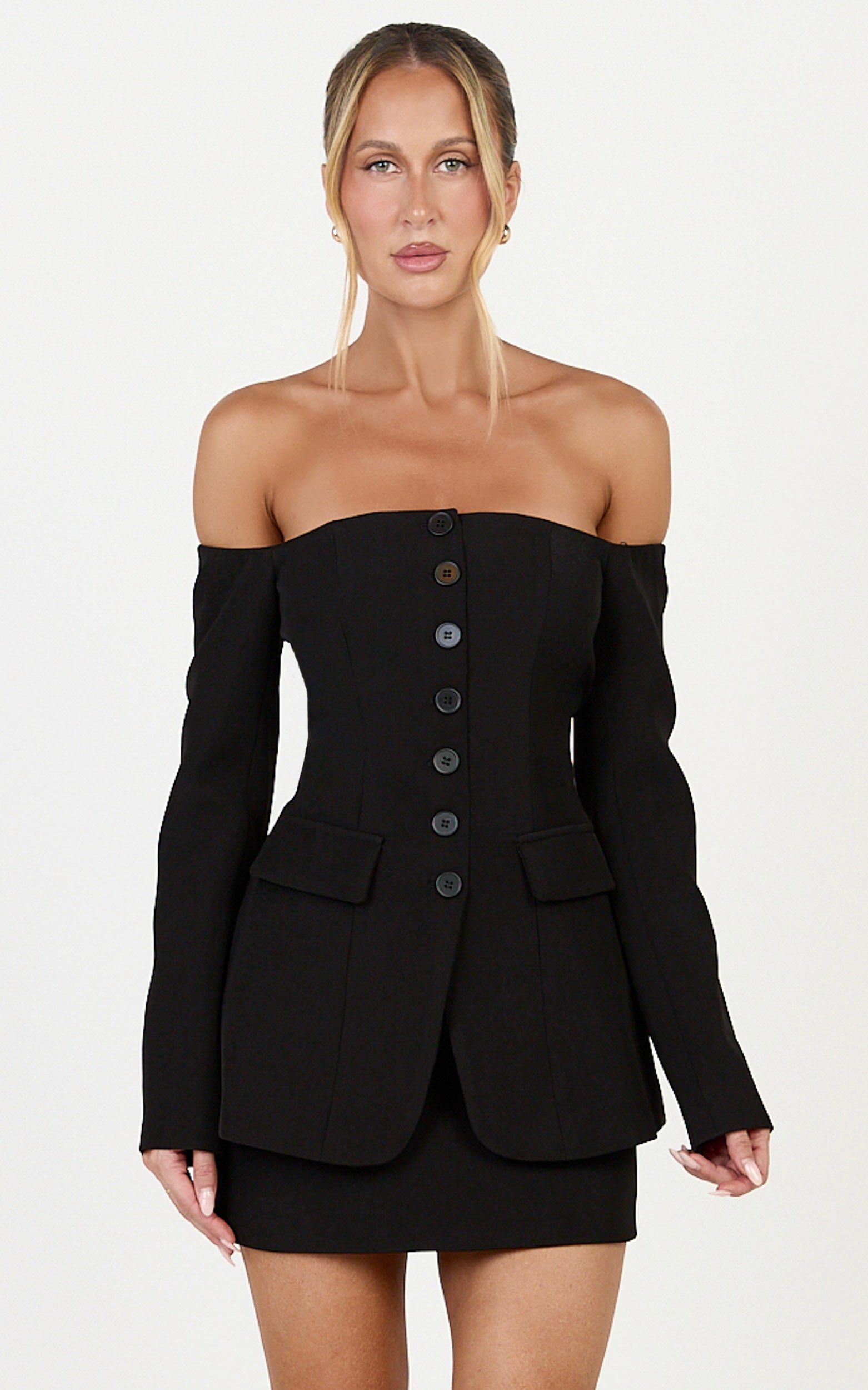 Edith Two Piece Top and Mini Skirt Set - Off Shoulder Button Front Long Sleeve Top and Skirt Set in Black - View 2