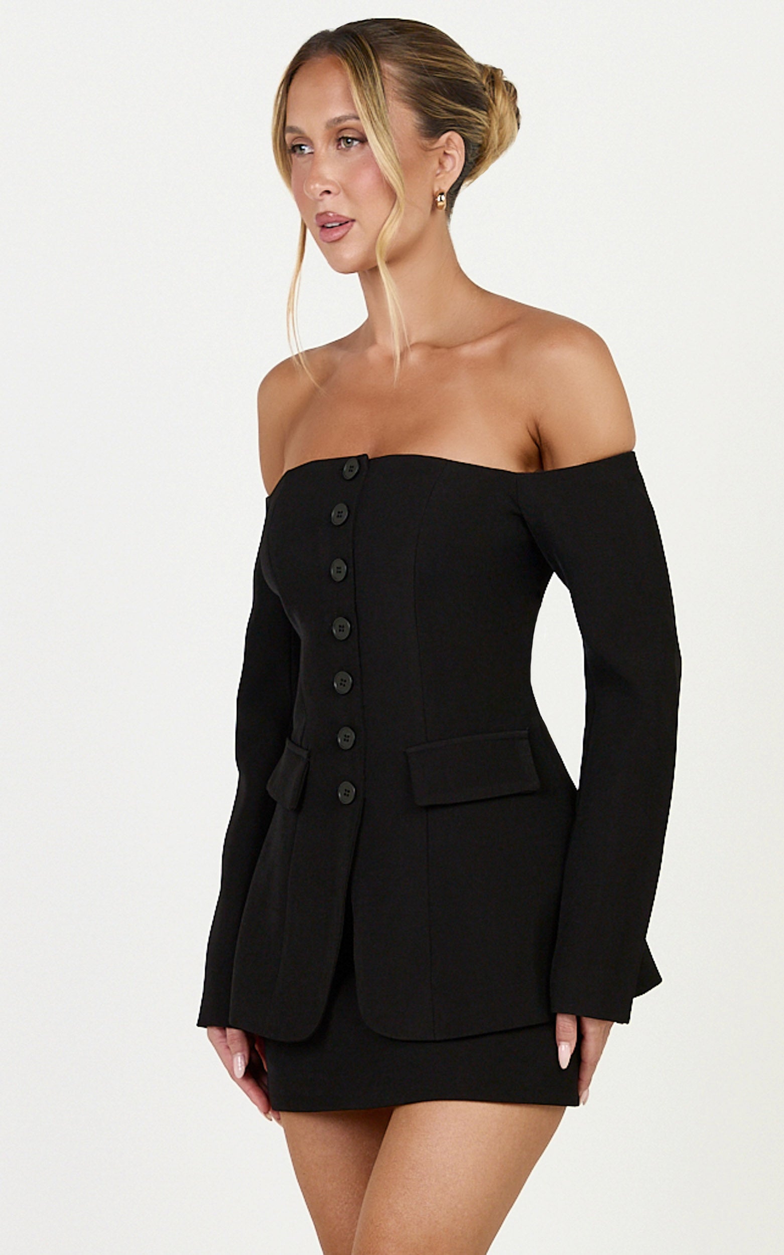 Edith Two Piece Top and Mini Skirt Set - Off Shoulder Button Front Long Sleeve Top and Skirt Set in Black - View 5