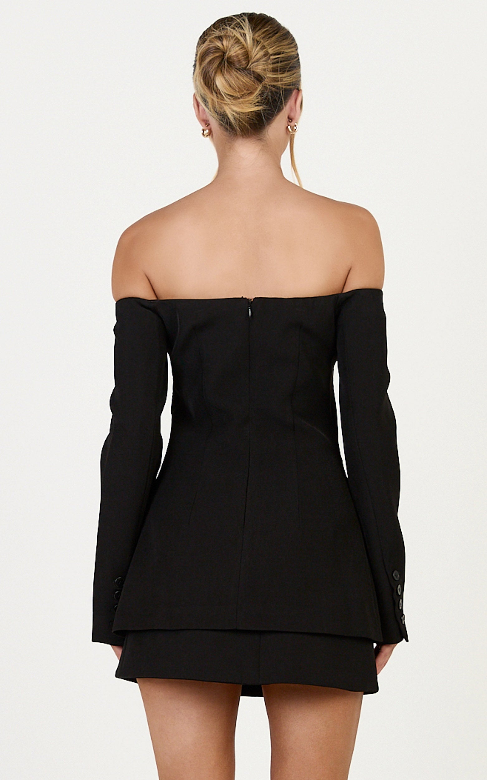 Edith Two Piece Top and Mini Skirt Set - Off Shoulder Button Front Long Sleeve Top and Skirt Set in Black - View 6