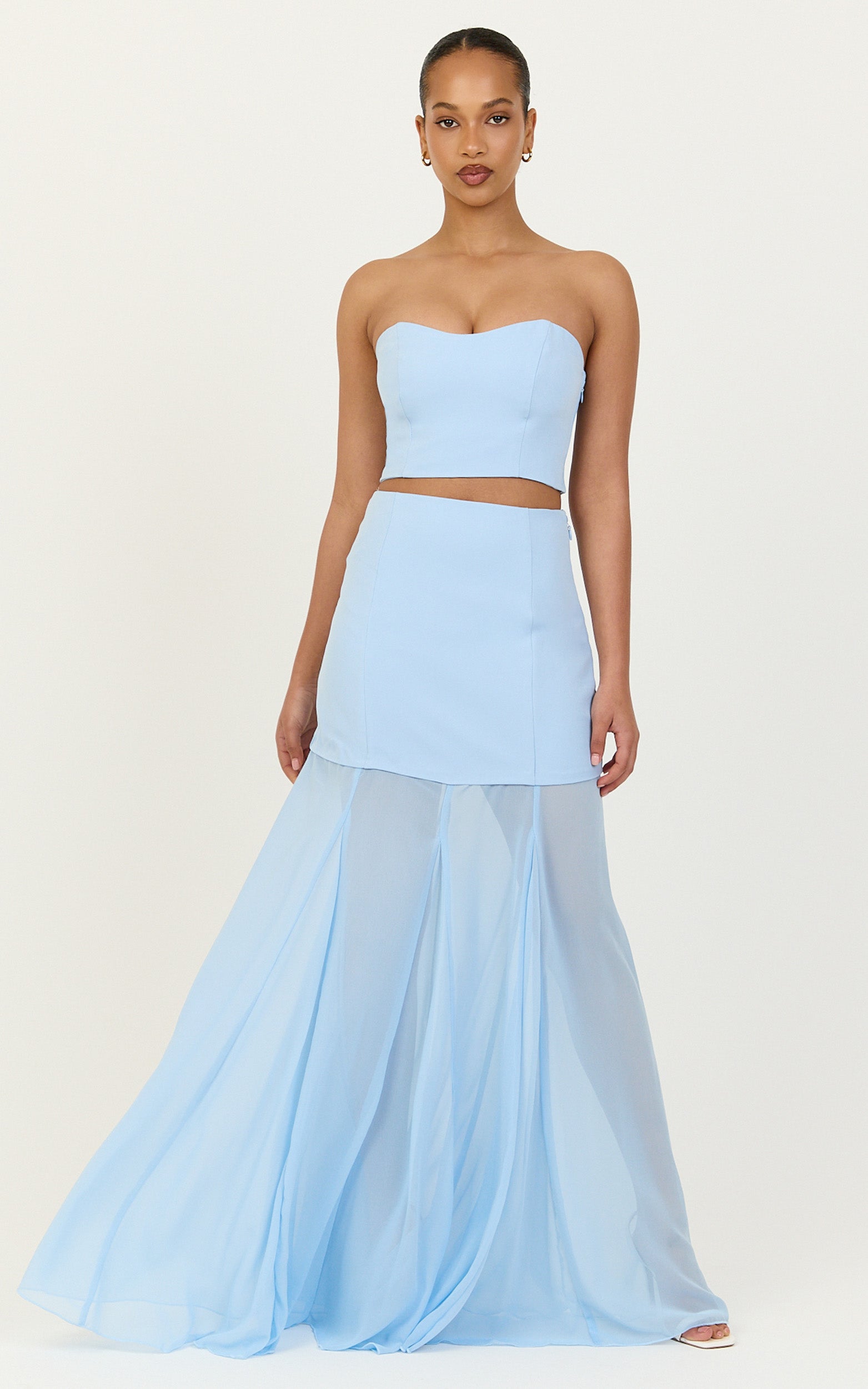 Elara Two Piece Top and Skirt Set - Strapless Shirred Back Top And Contrast Sheer Godet Skirt Set in Blue - View 4