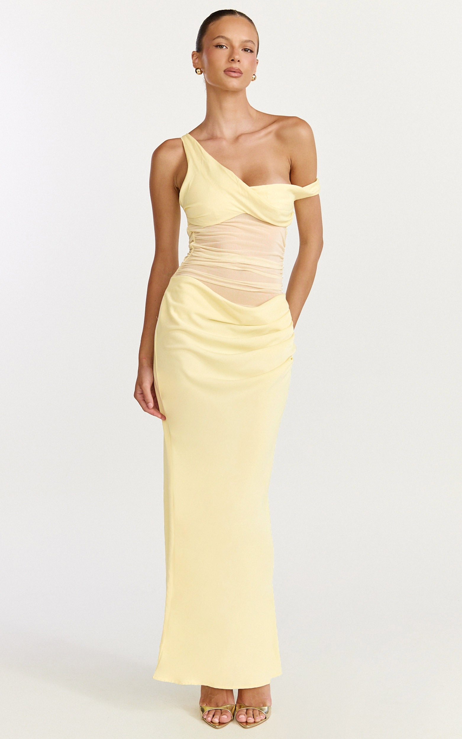 Elias Maxi Dress - Twisted One Shoulder Cowl Dropped Waist Dress in Lemon - View 4