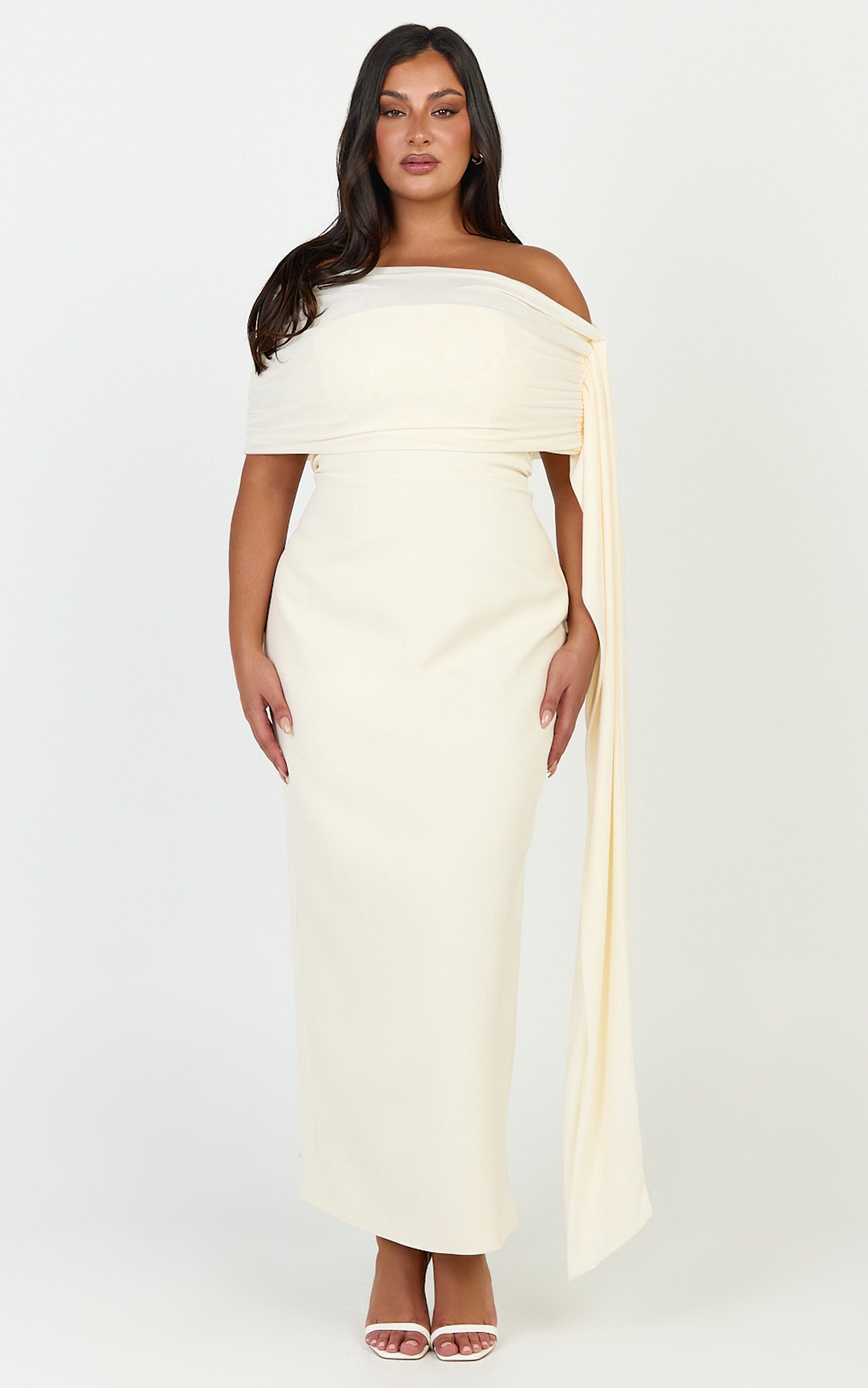 Elina Maxi Dress - Off Shoulder Contrast Mesh Draped Overlay Dress in Cream - View 6