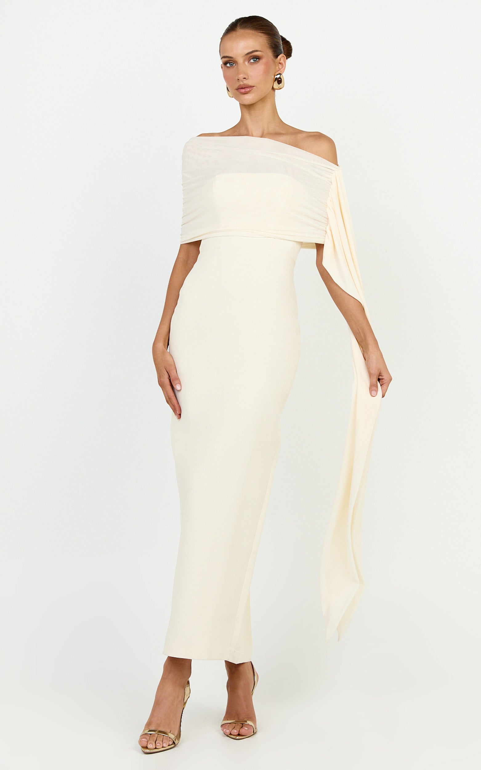 Elina Maxi Dress - Off Shoulder Contrast Mesh Draped Overlay Dress in Cream - View 1