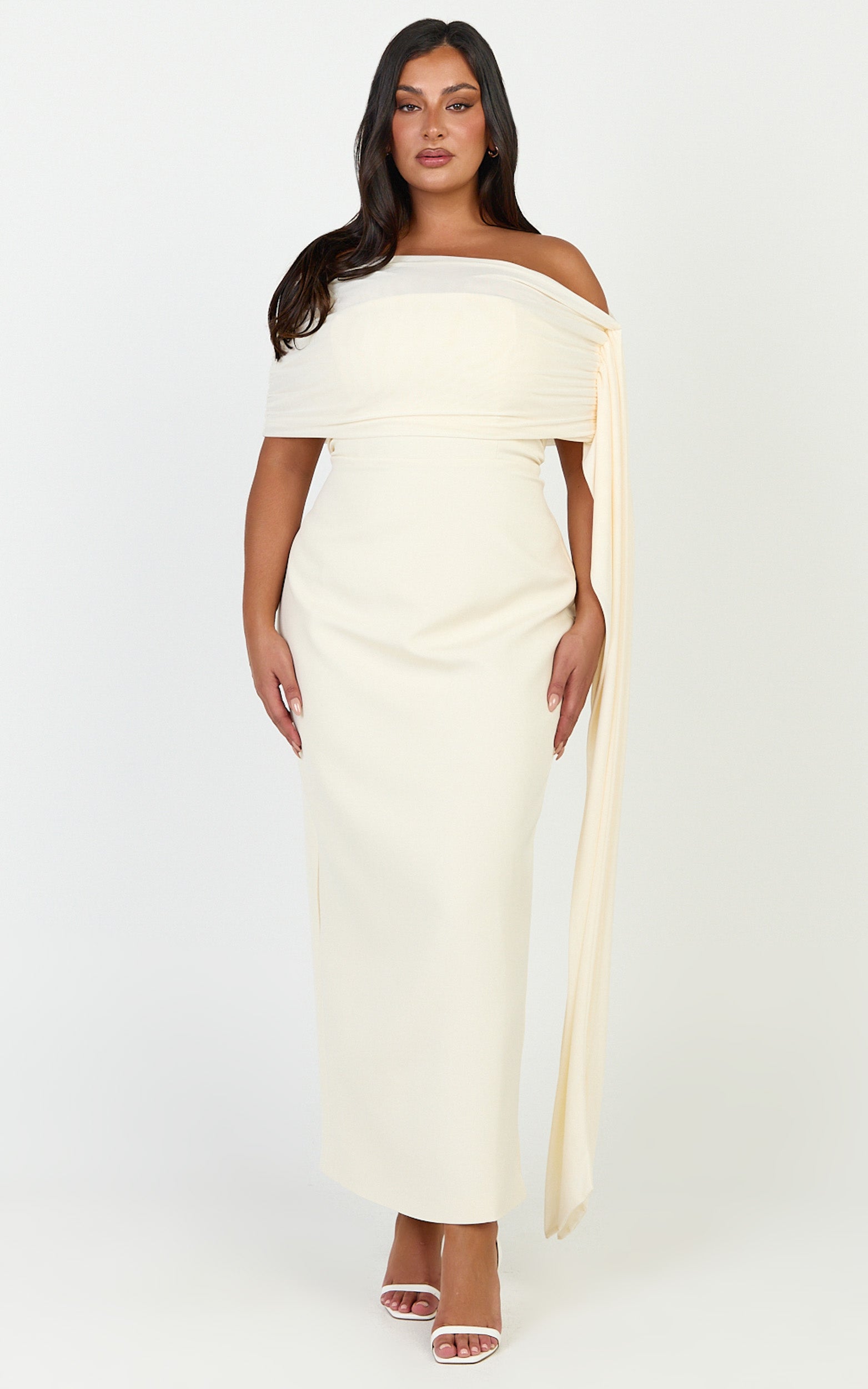 Elina Maxi Dress - Off Shoulder Contrast Mesh Draped Overlay Dress in Cream - View 2